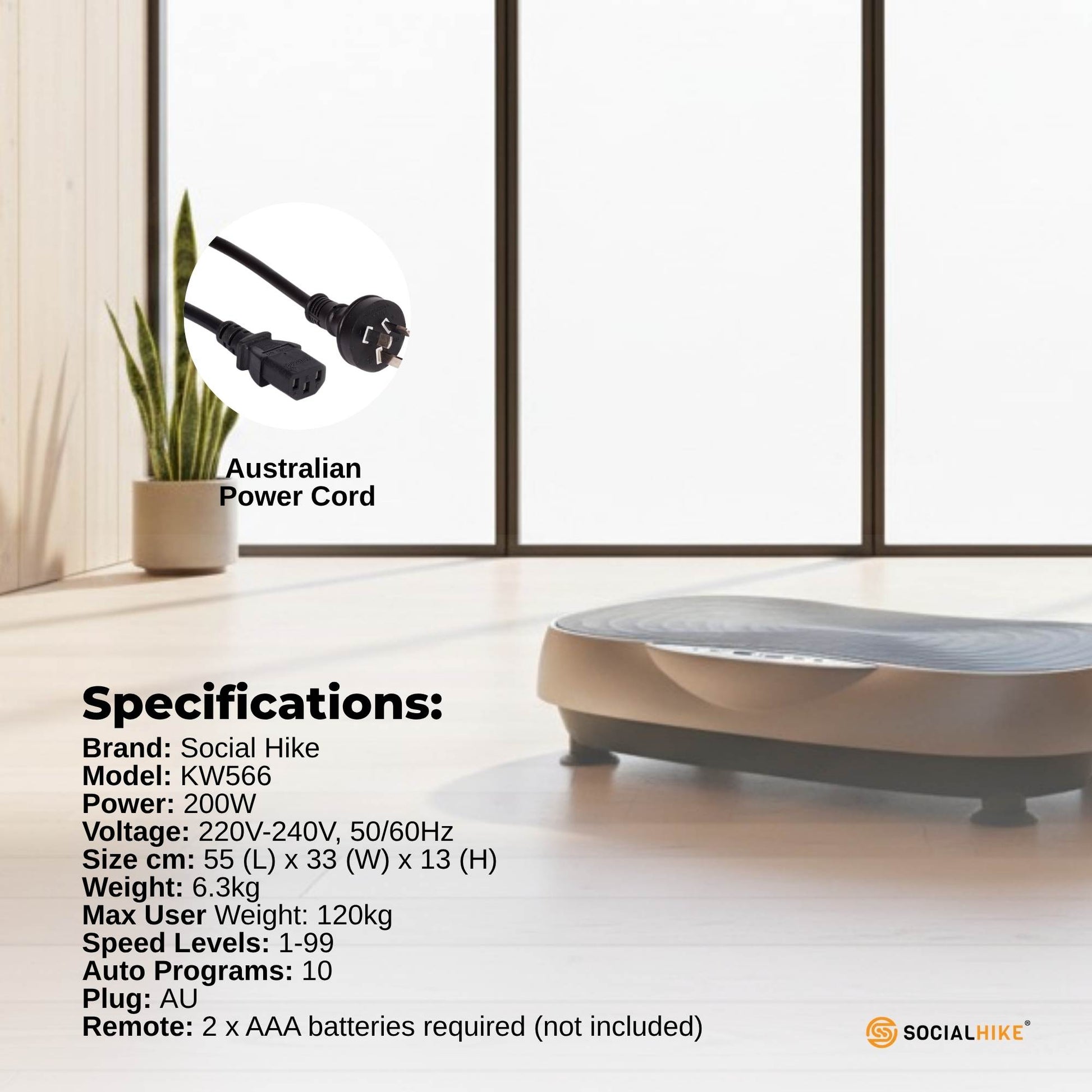 Social Hike 55cm Vibration Plate Machine Full Body Exercise Platform 200W Grey