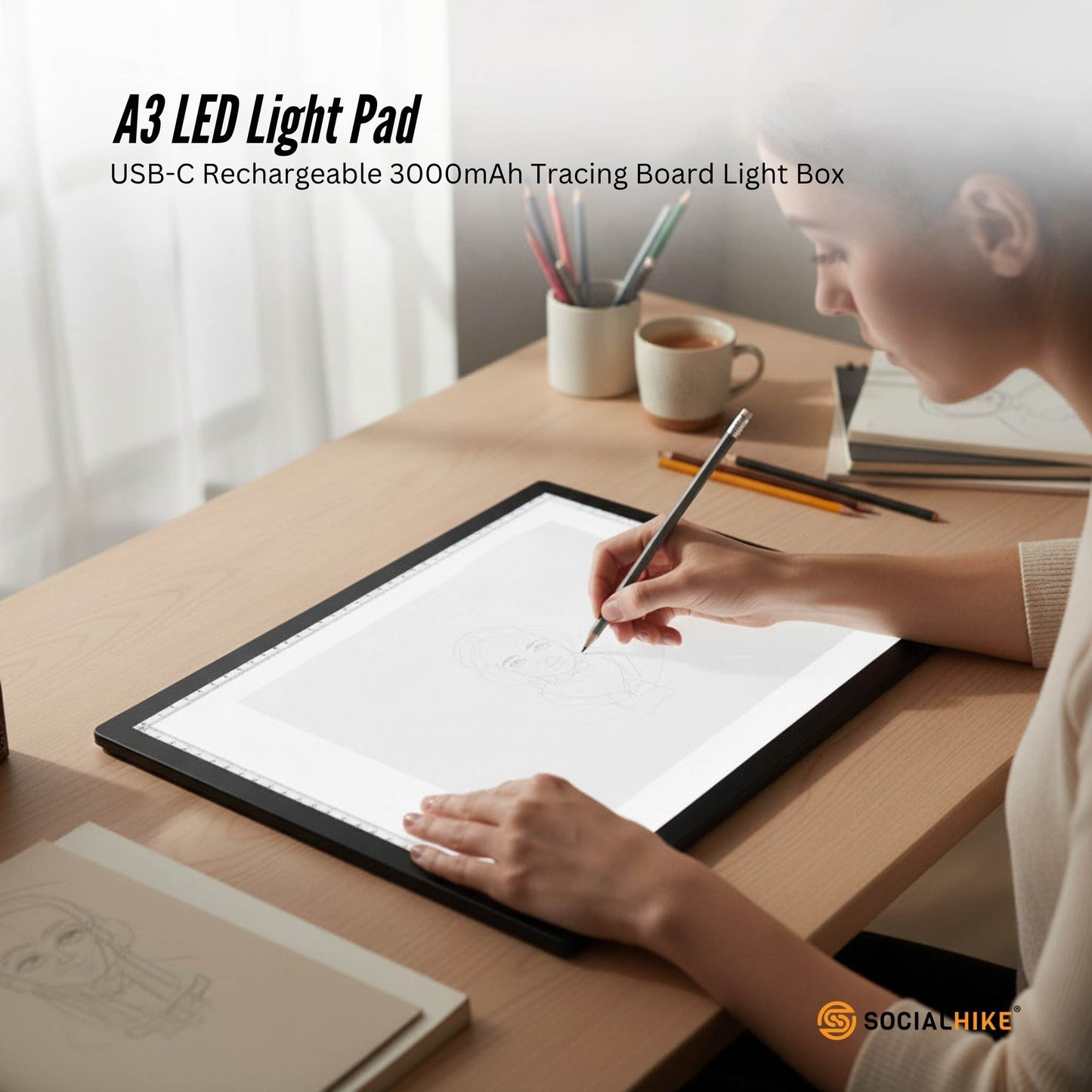 Social Hike A3 LED Light Pad Tracing Board Rechargeable USB-C 3000mAh Light Box