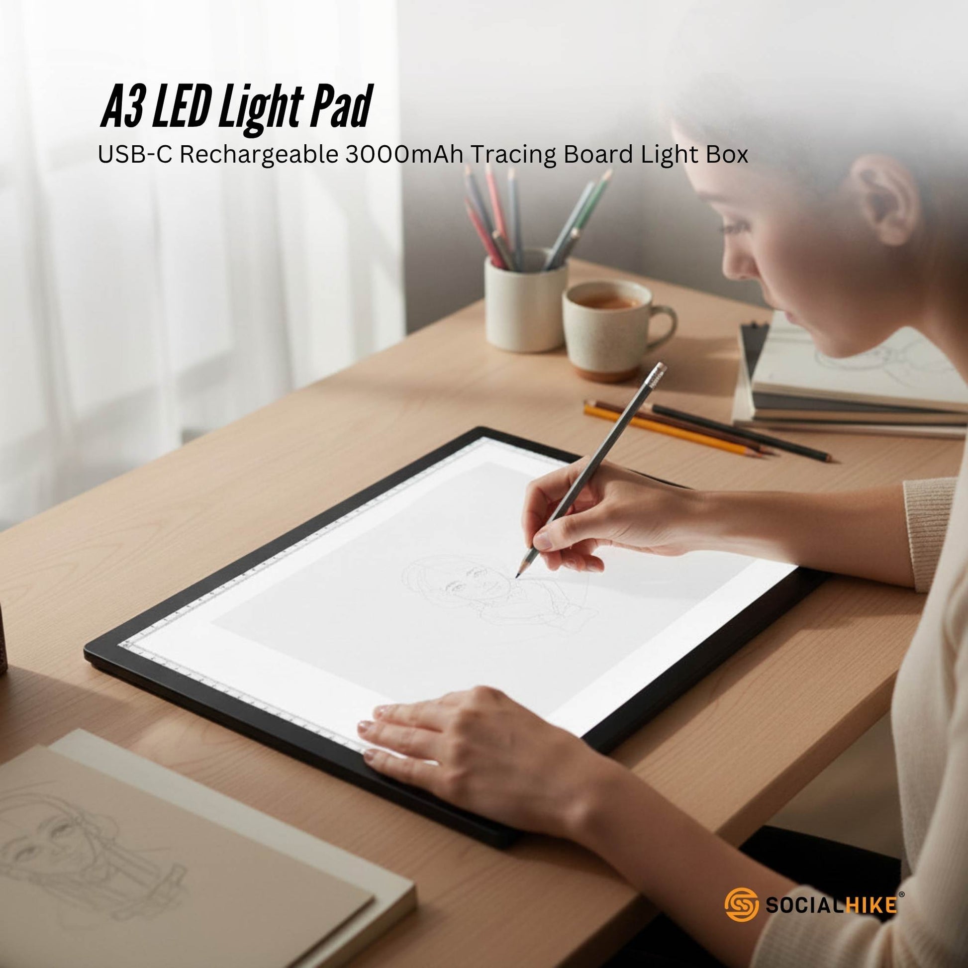 Social Hike A3 LED Light Pad Tracing Board Rechargeable USB-C 3000mAh Light Box