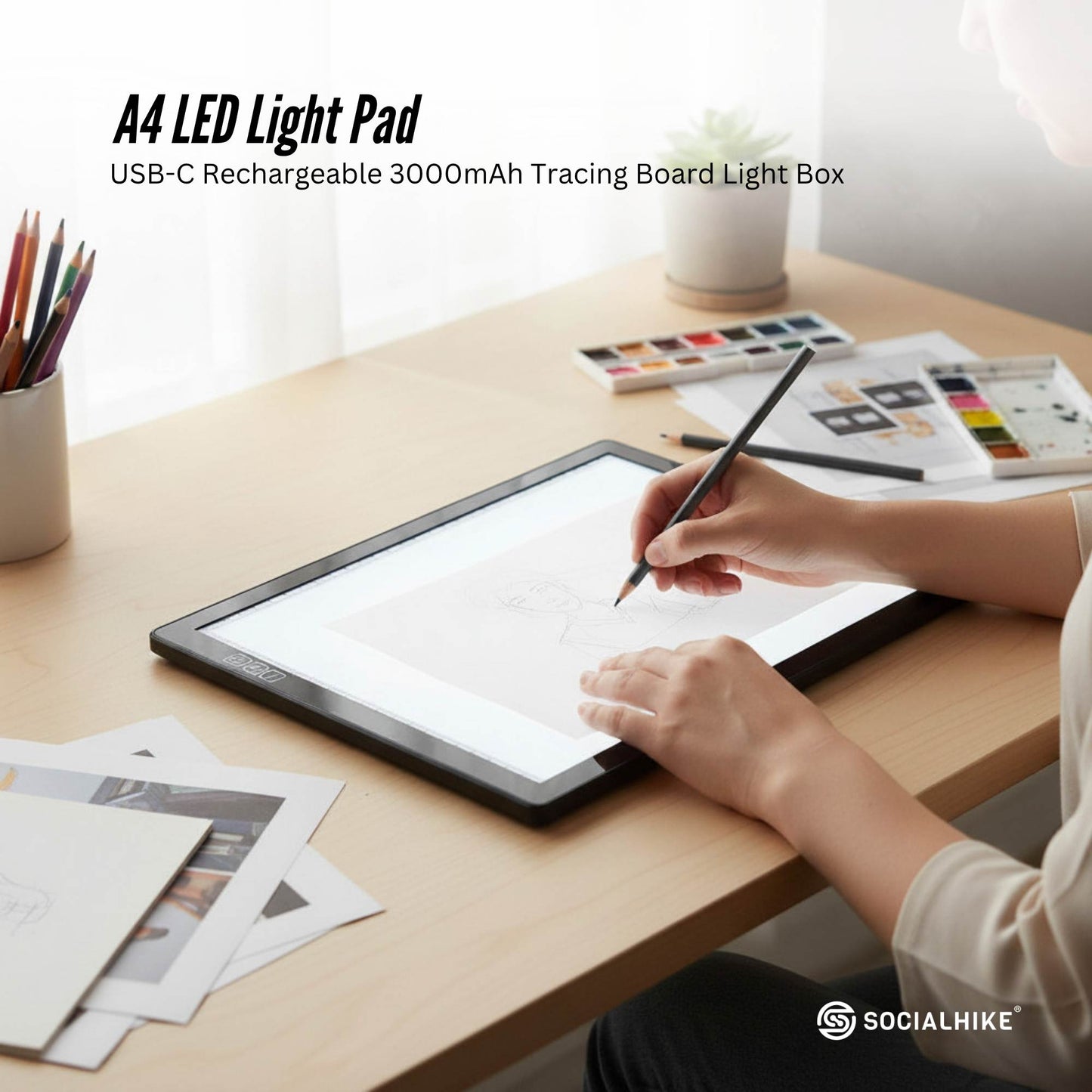 Social Hike A4 LED Light Pad Tracing Board Rechargeable USB-C 3000mAh Light Box