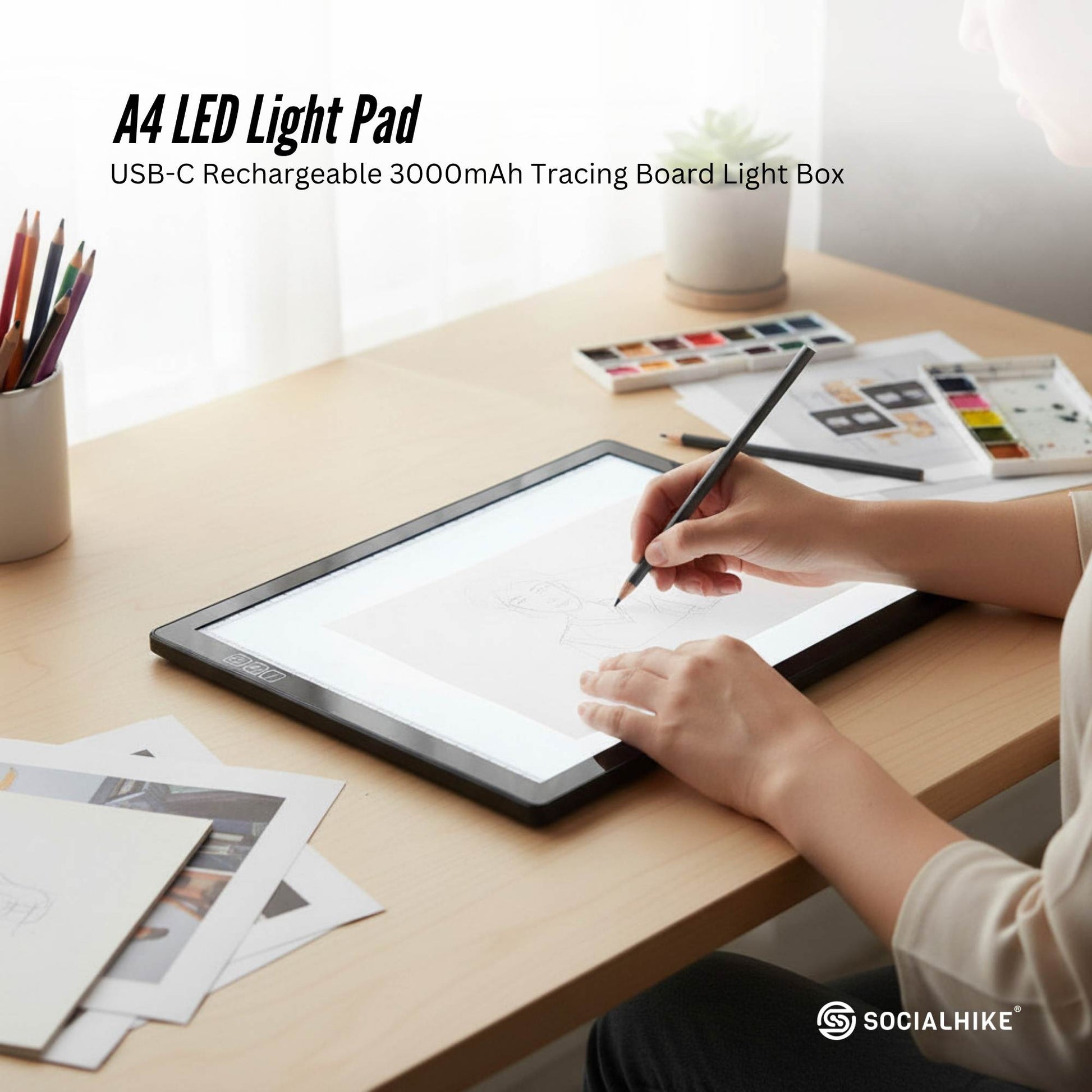 Social Hike A4 LED Light Pad Tracing Board Rechargeable USB-C 3000mAh Light Box
