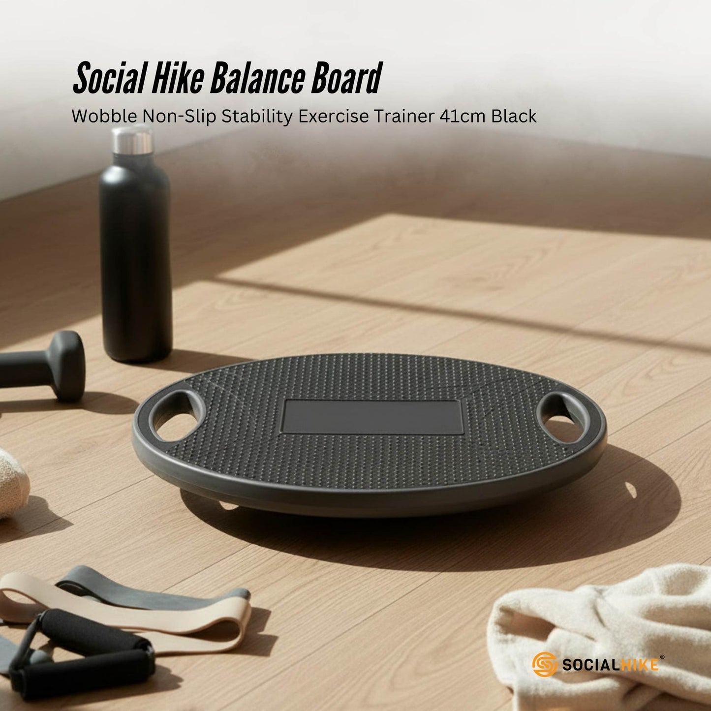 Social Hike Balance Board Wobble 41cm - Non-Slip Round Exercise Trainer Black