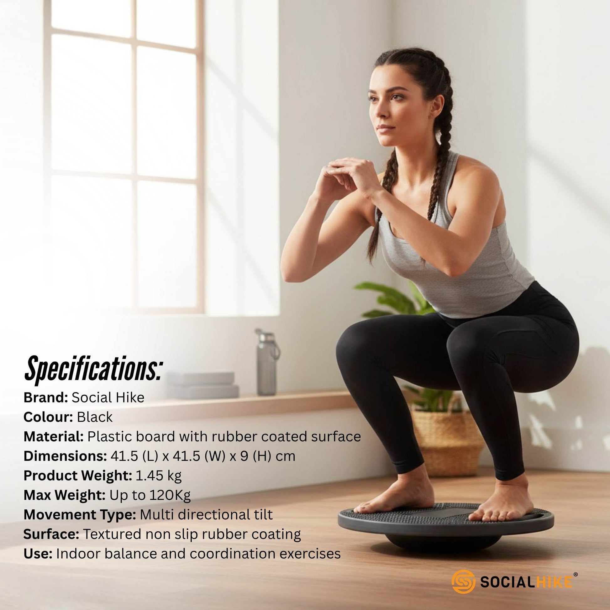 Social Hike Balance Board Wobble 41cm - Non-Slip Round Exercise Trainer Black