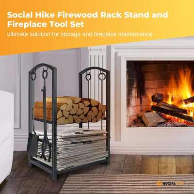 Social Hike Firewood Rack Stand and Fireplace Tool Set - Wood Log Holder