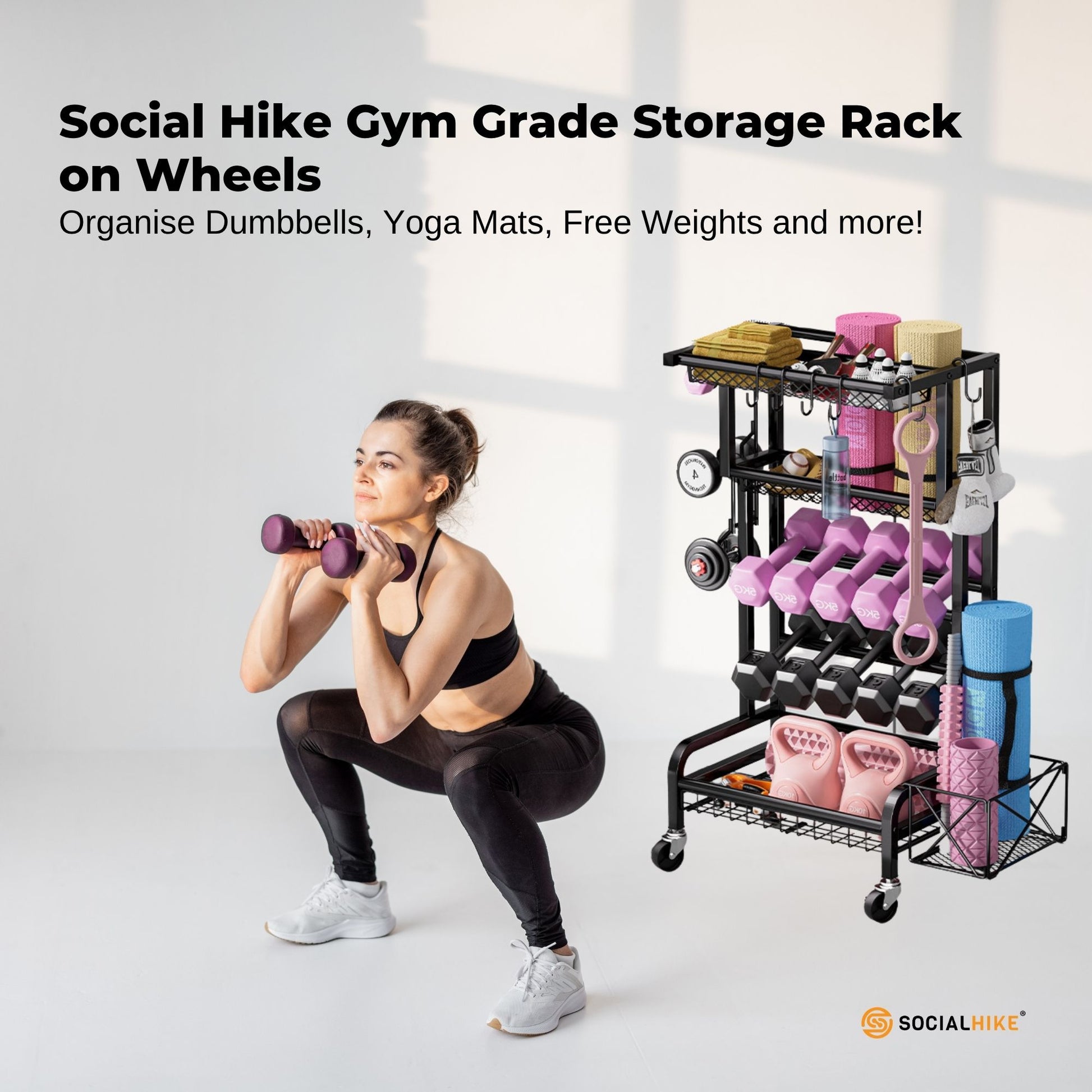 Social Hike Gym Equipment Storage Rack on Wheels - Dumbbells Weights Stand