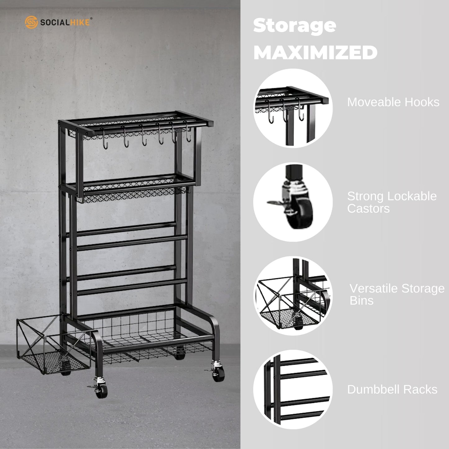 Social Hike Gym Equipment Storage Rack on Wheels - Dumbbells Weights Stand
