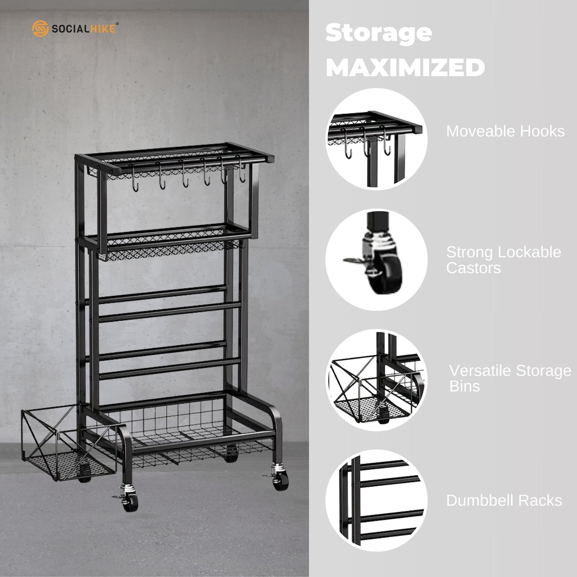 Social Hike Gym Equipment Storage Rack on Wheels - Dumbbells Weights Stand