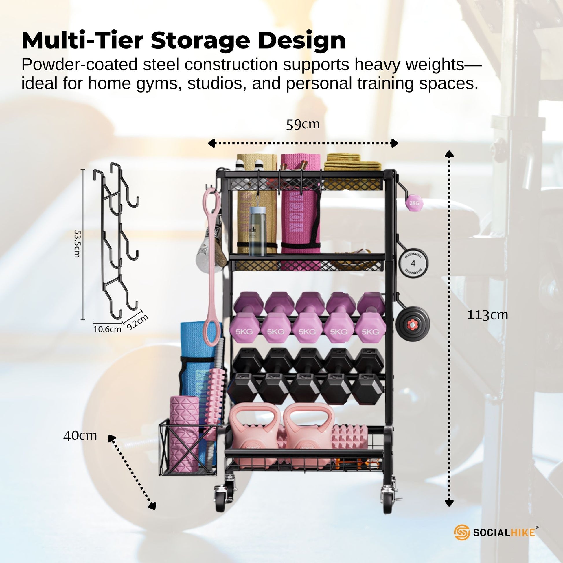 Social Hike Gym Equipment Storage Rack on Wheels - Dumbbells Weights Stand