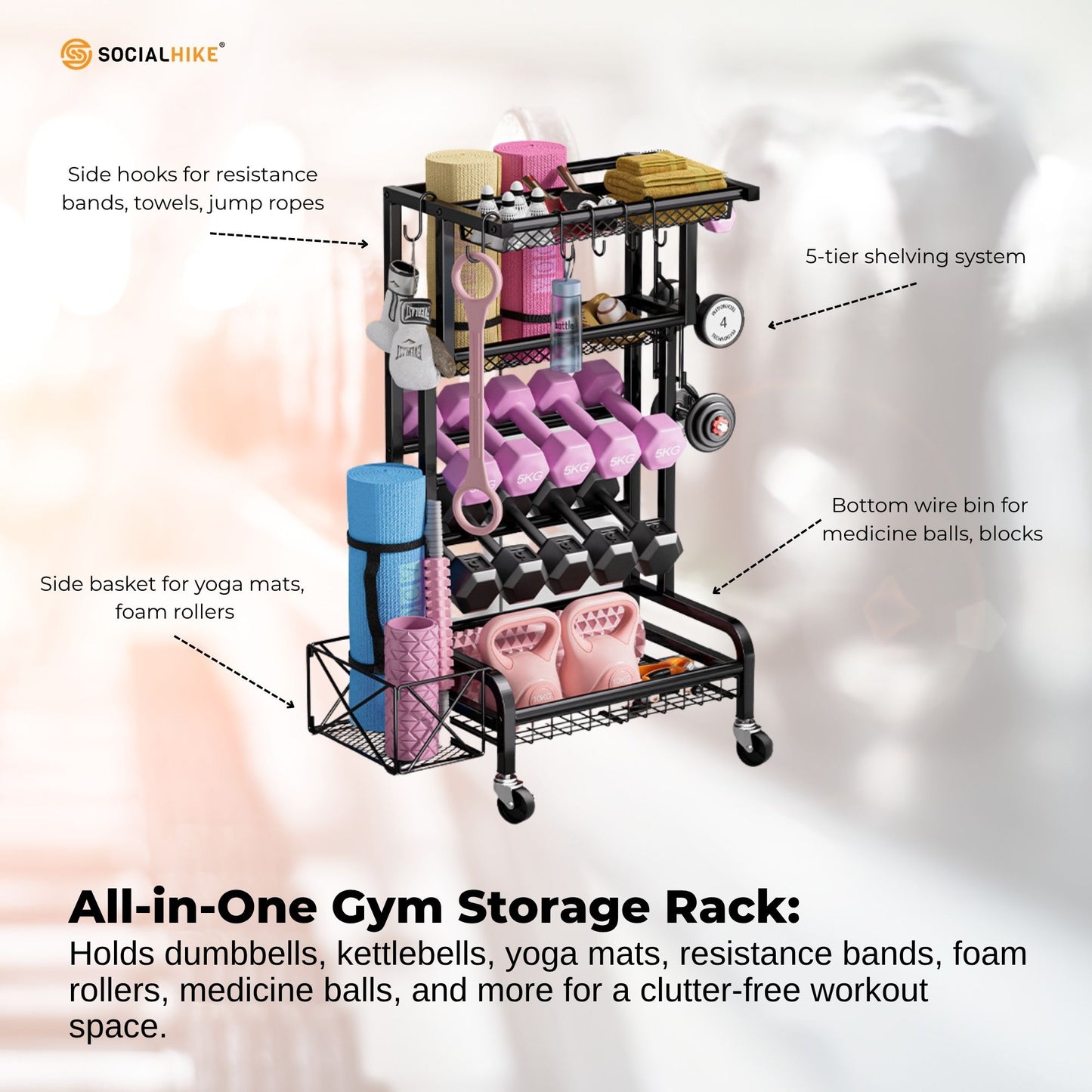 Social Hike Gym Equipment Storage Rack on Wheels - Dumbbells Weights Stand