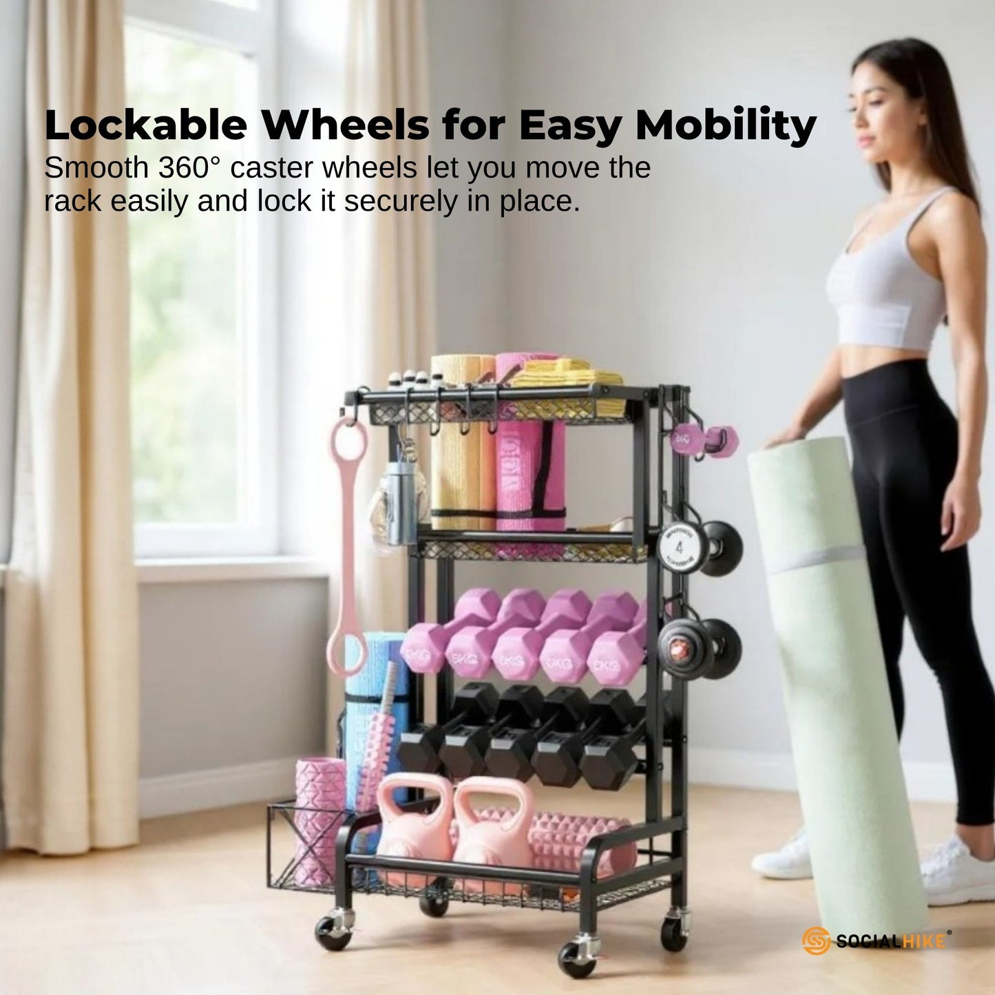 Social Hike Gym Equipment Storage Rack on Wheels - Dumbbells Weights Stand