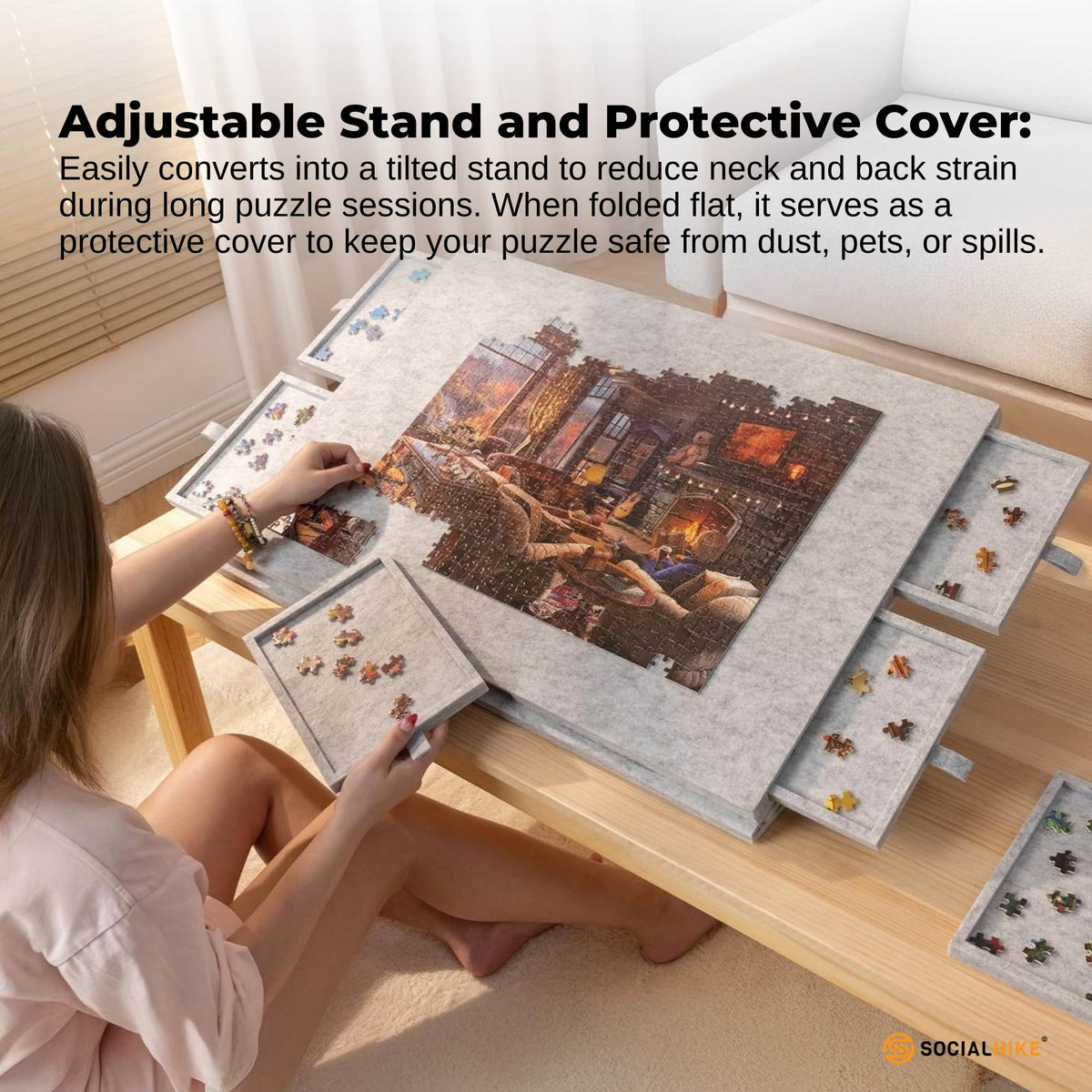 Social Hike Puzzle Board 1000 pcs - Felt Tilt Portable Cover Drawers Silver