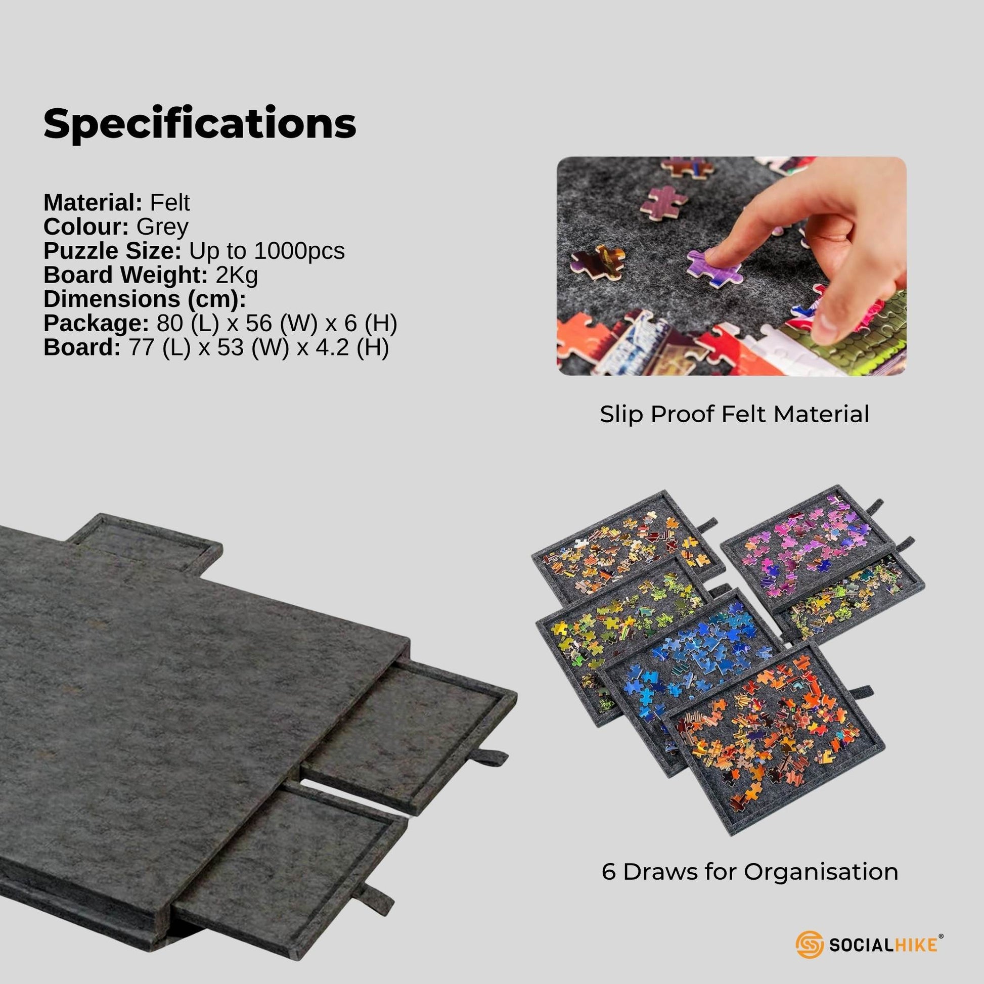 Social Hike Puzzle Board 1000 pcs - Felt Tilting Portable Cover + Drawers Grey