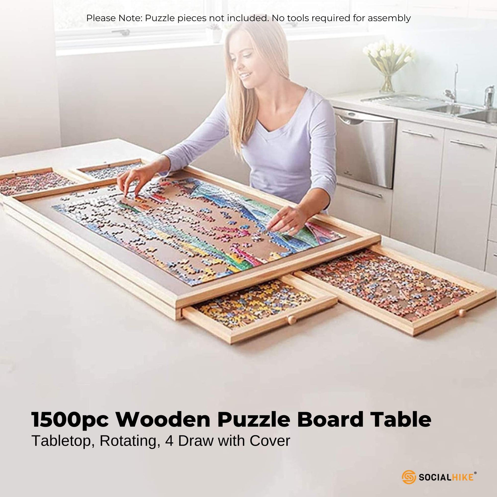 Social Hike Puzzle Board 1500 pcs - Rotating Tabletop with 4 Drawers and Cover
