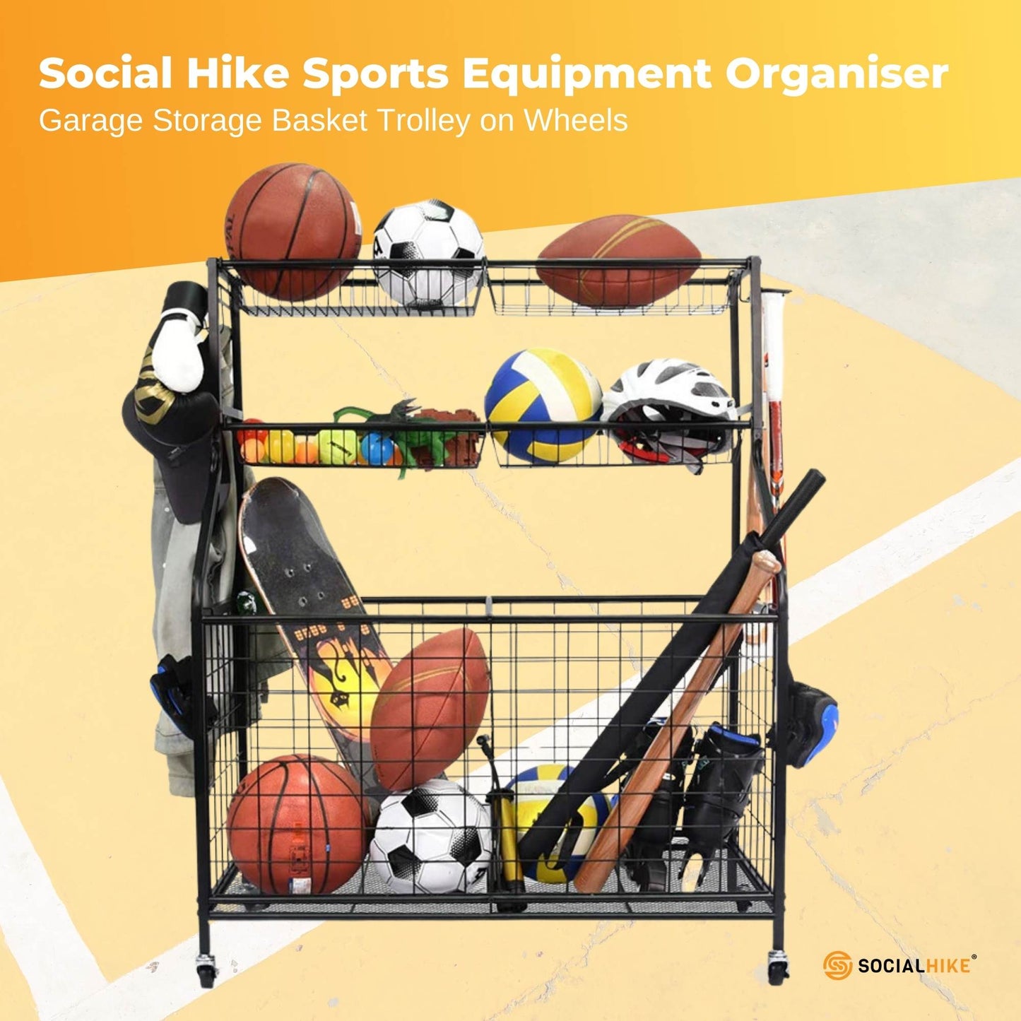 Social Hike Sports Equipment Storage Organiser Trolley on Wheels for Garage