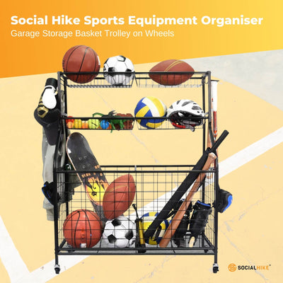 Social Hike Sports Equipment Storage Organiser Trolley on Wheels for Garage