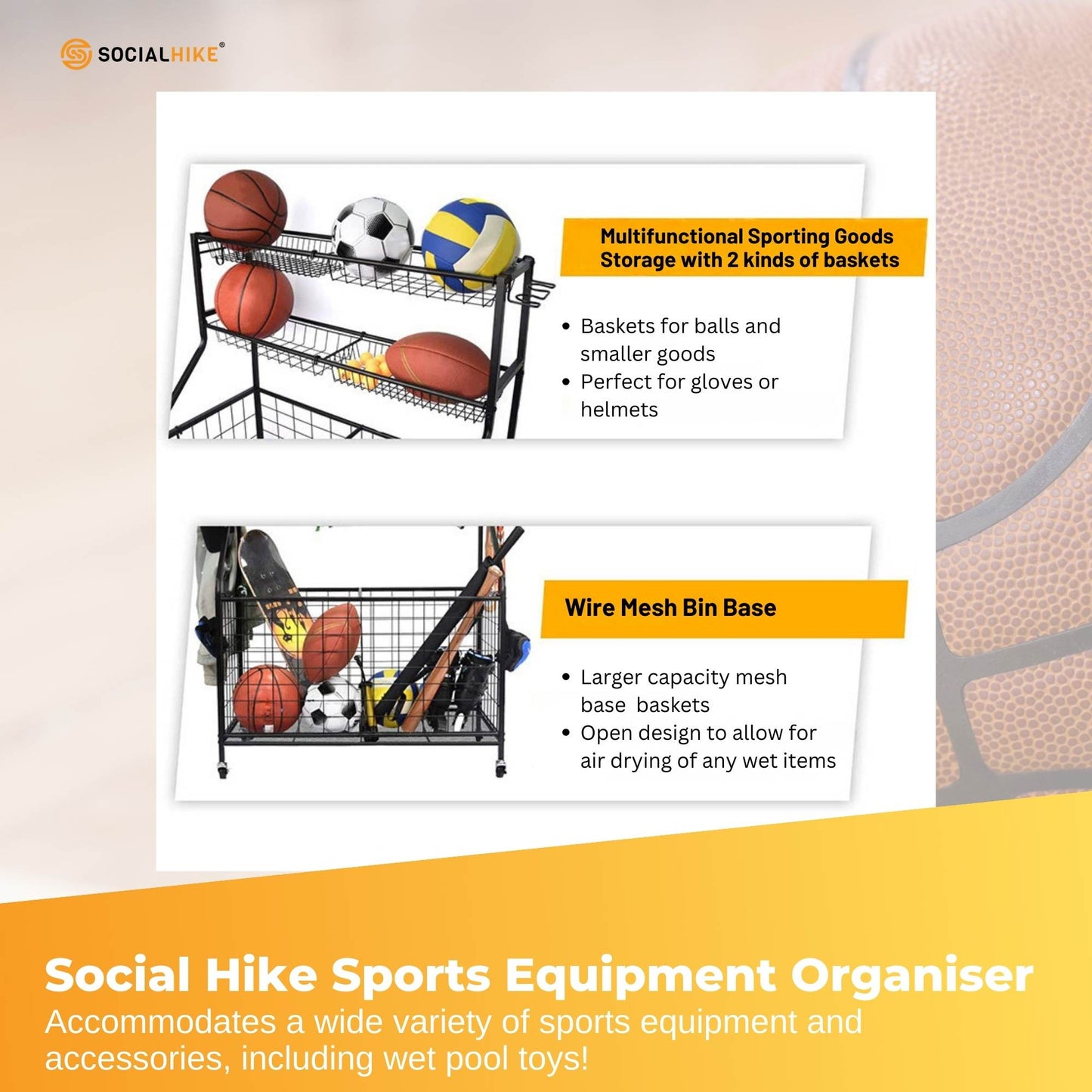 Social Hike Sports Equipment Storage Organiser Trolley on Wheels for Garage