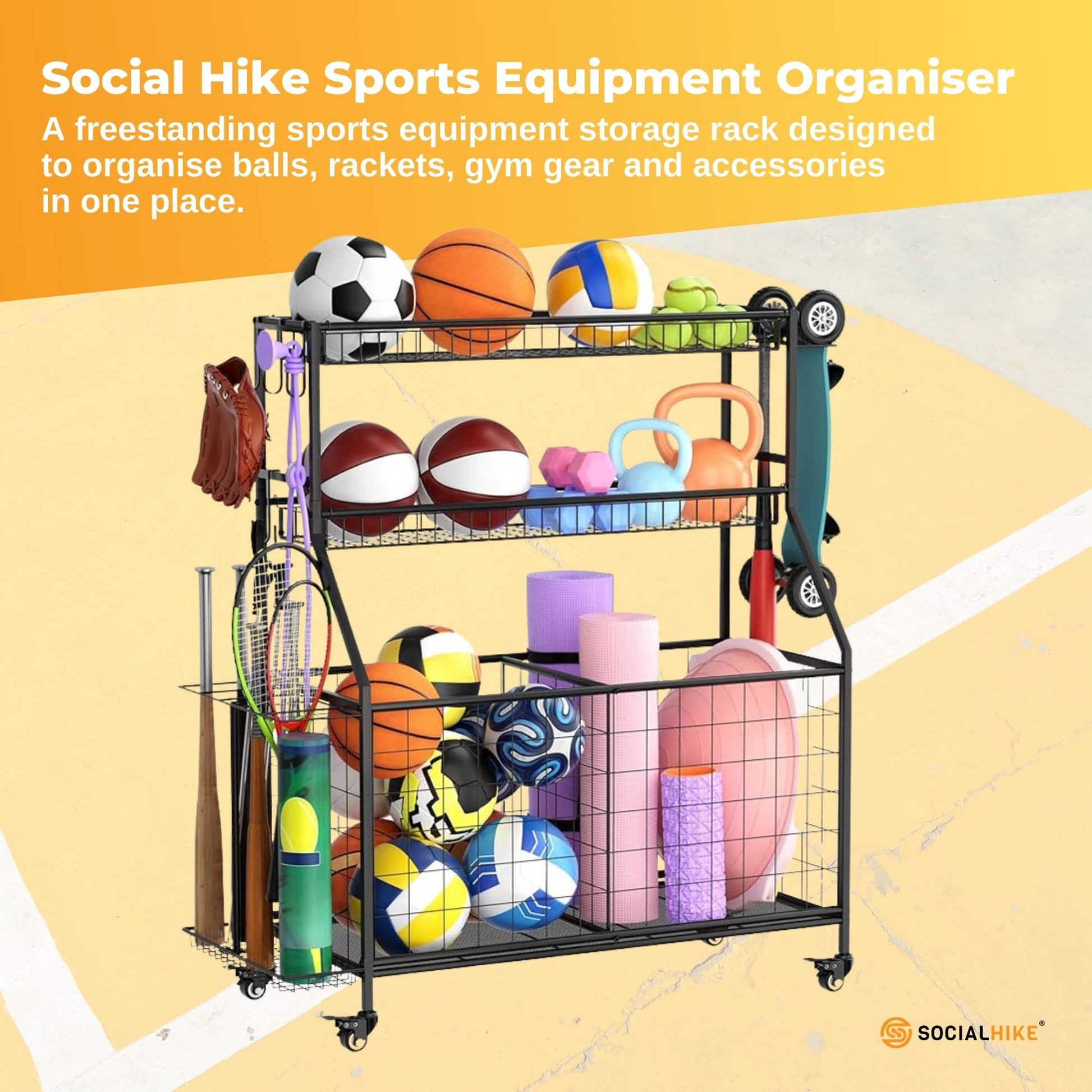 Social Hike Sports Equipment Storage Organiser and Side Rack Garage Trolley