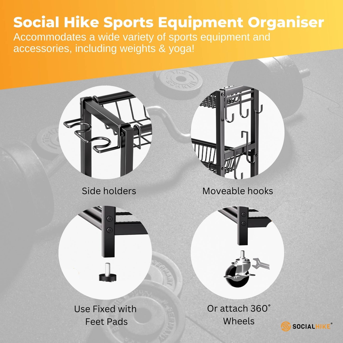 Social Hike Sports Equipment Storage Organiser and Side Rack Garage Trolley