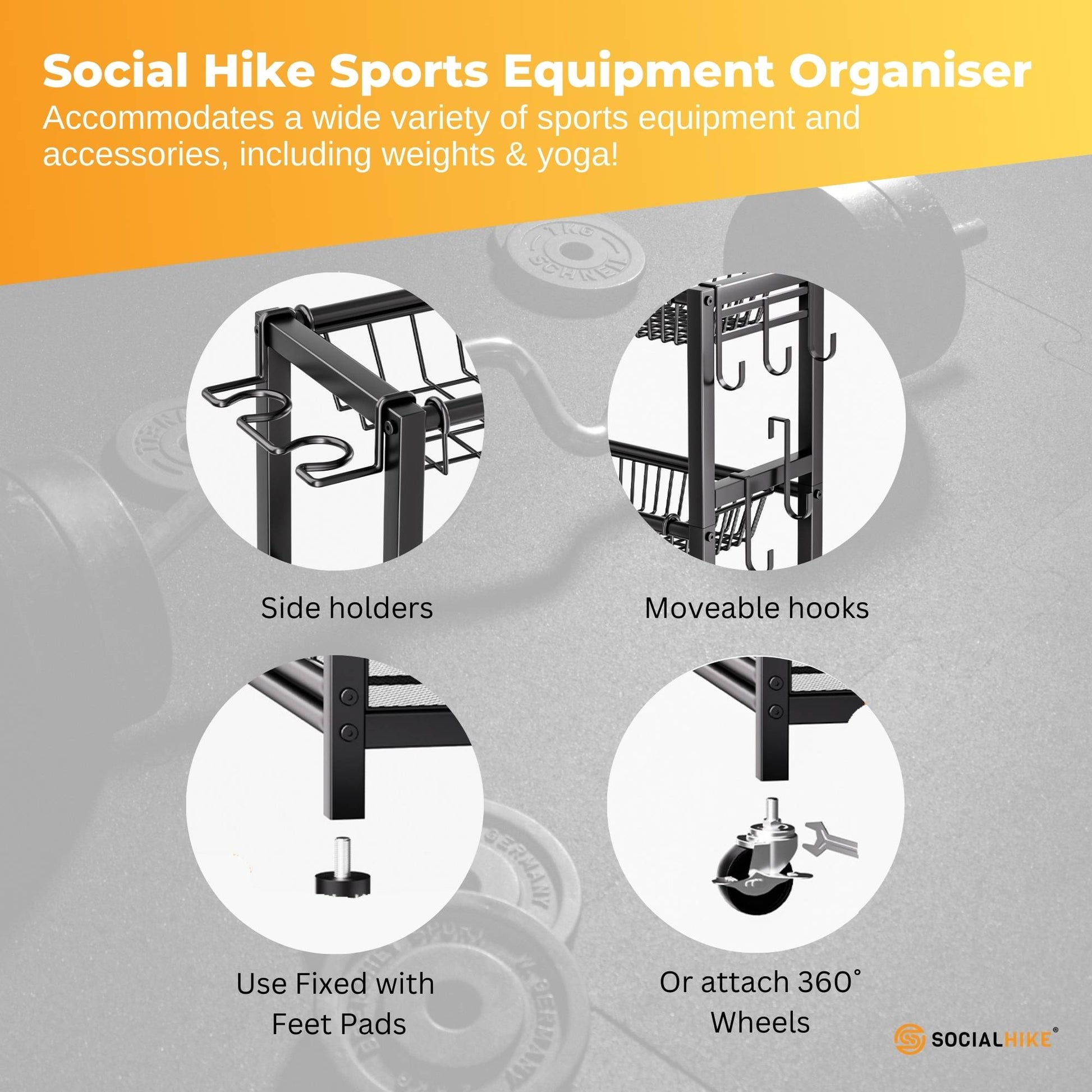 Social Hike Sports Equipment Storage Organiser and Side Rack Garage Trolley