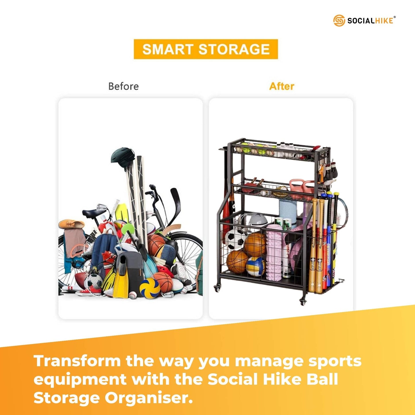 Social Hike Sports Equipment Storage Organiser and Side Rack Garage Trolley