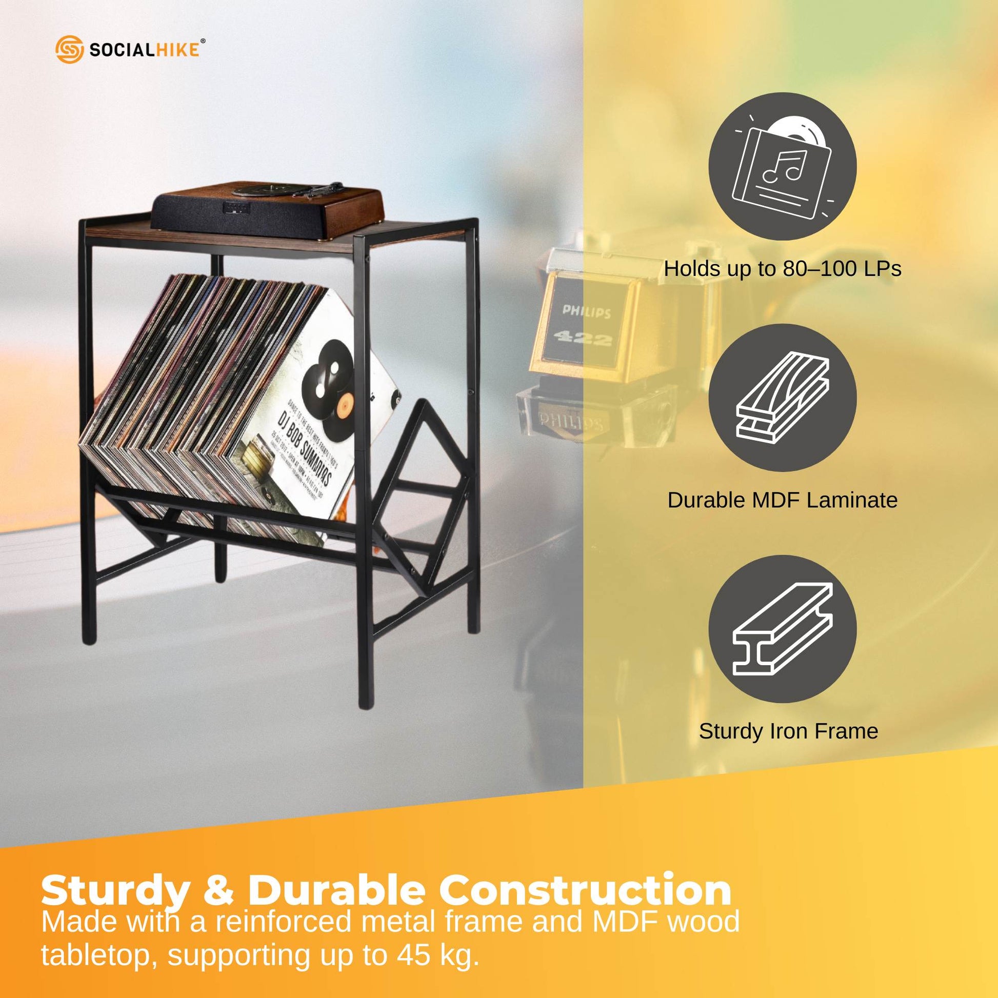 Social Hike Turntable Player Stand & Vinyl LP Record Album Storage - Black