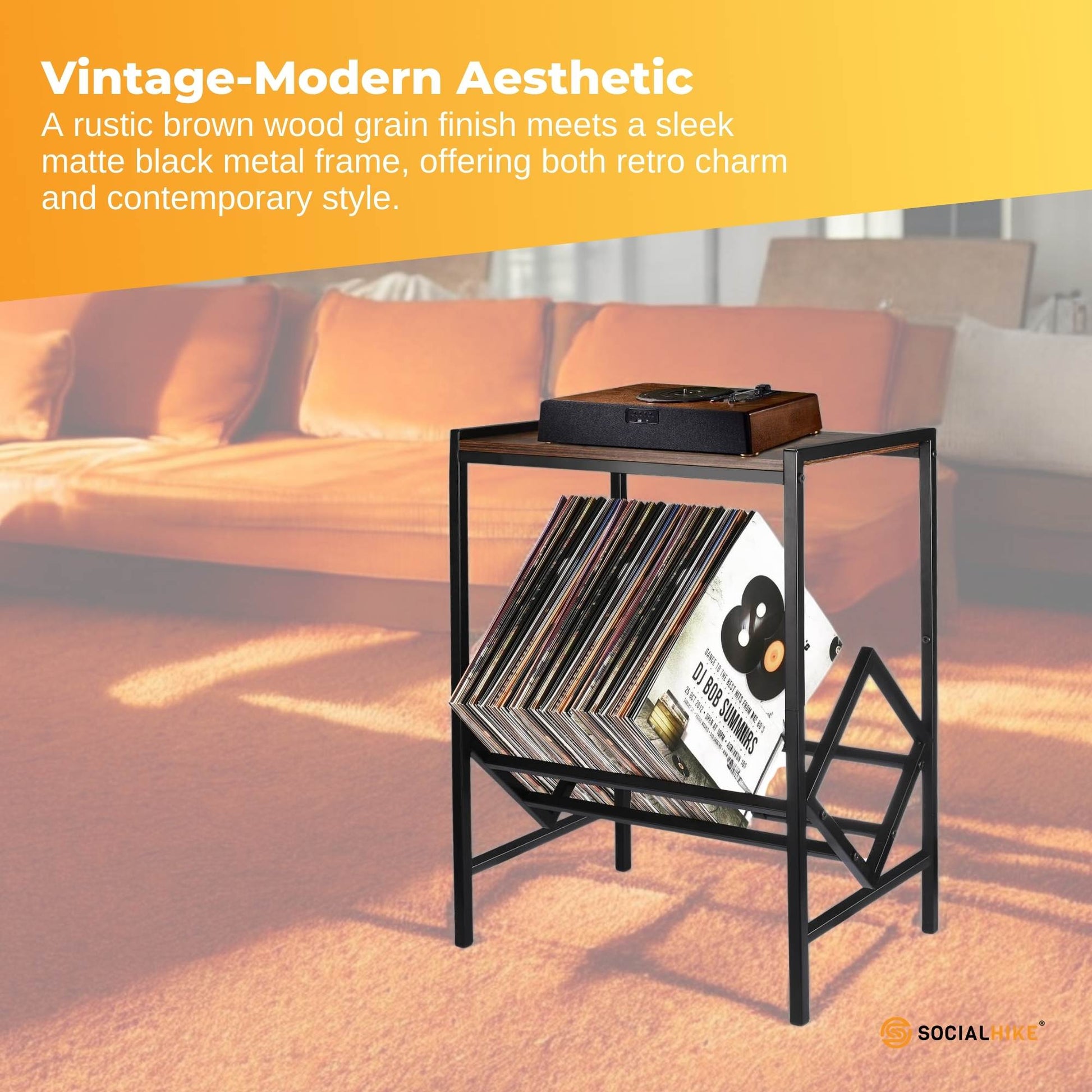 Social Hike Turntable Player Stand & Vinyl LP Record Album Storage - Black