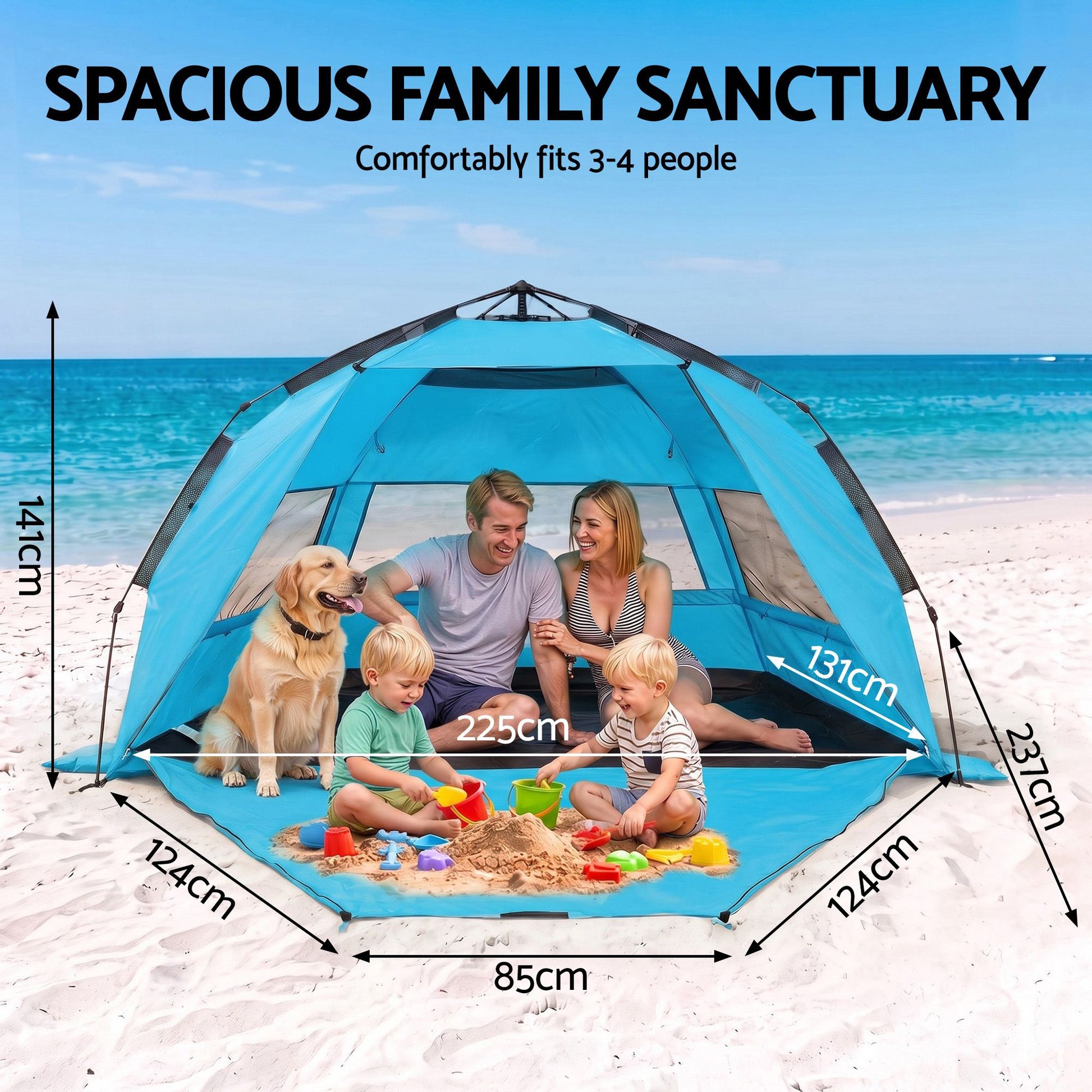 Weisshorn Beach Tent 3-4 Person Pop Up Sun Shade UPF 50 Automatic Outdoor Blue