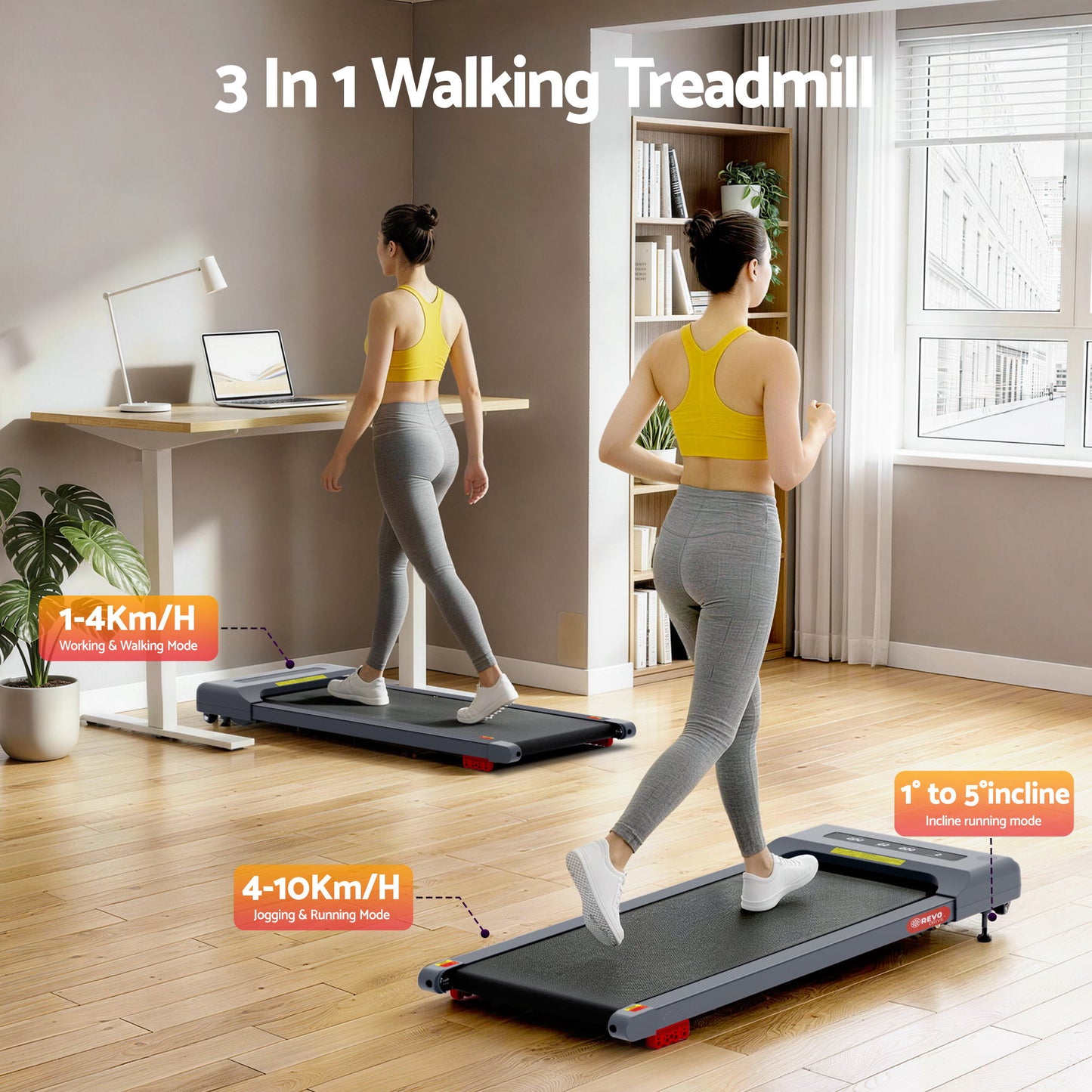 Everfit 3 in 1 Treadmill Electric Walking Pad Incline Under Desk Home Gym 380mm Grey