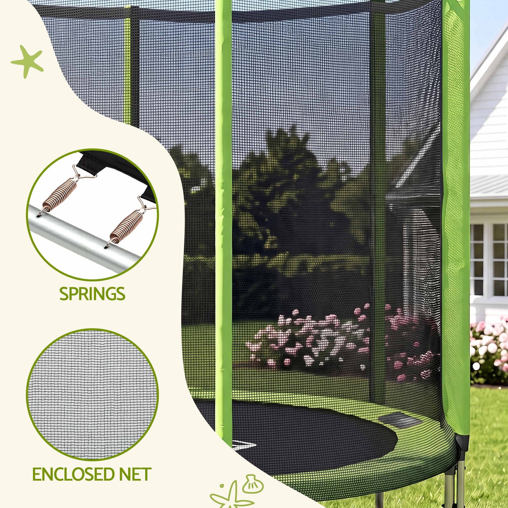 Everfit 6FT Kids Trampoline Round Rebounder with Enclosure Net Green