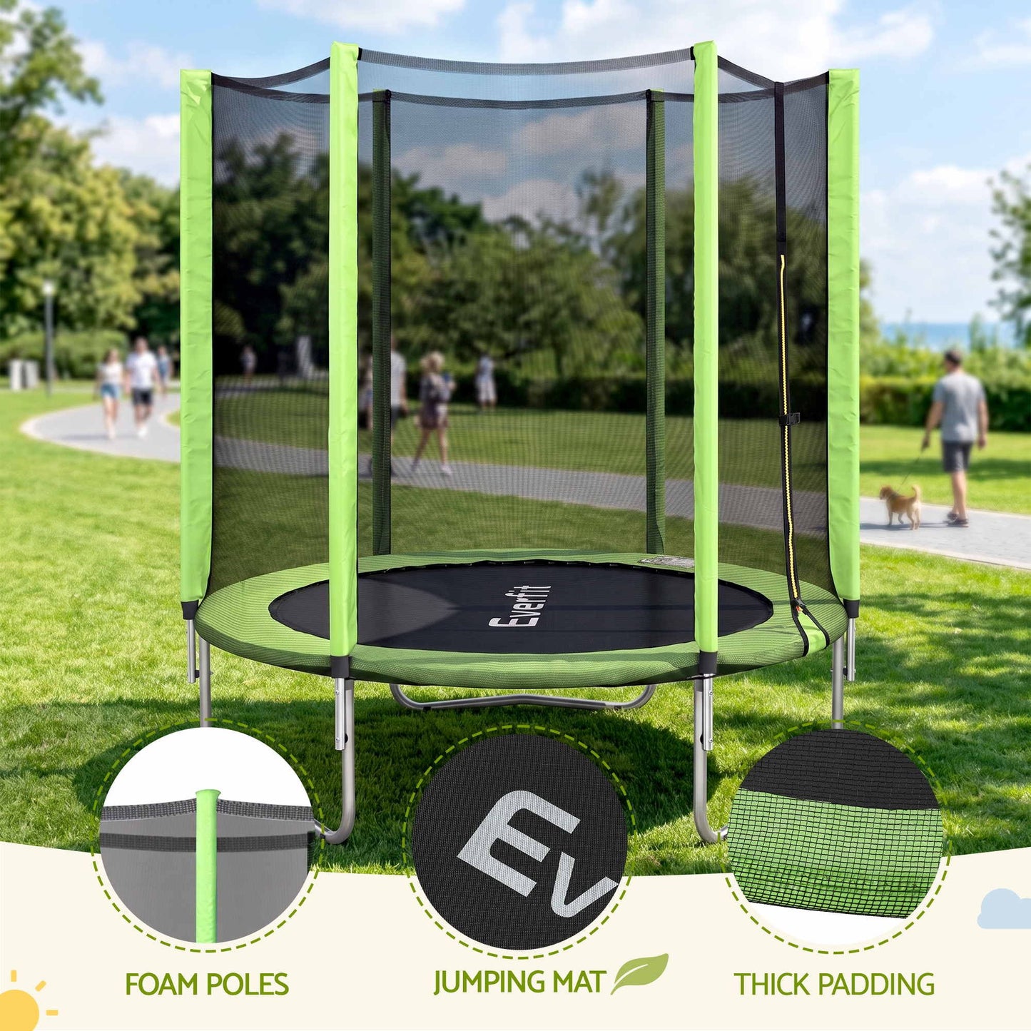 Everfit 6FT Kids Trampoline Round Rebounder with Enclosure Net Green