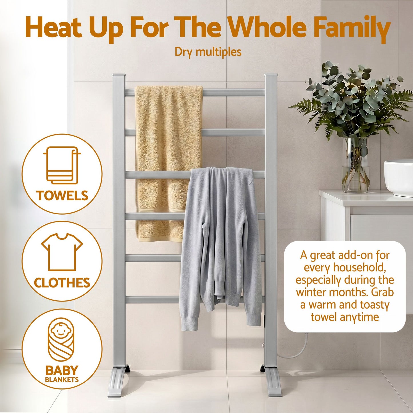 Devanti Electric Heated Towel Rail Rack 6 Bars Freestanding Clothes Dry Warmer