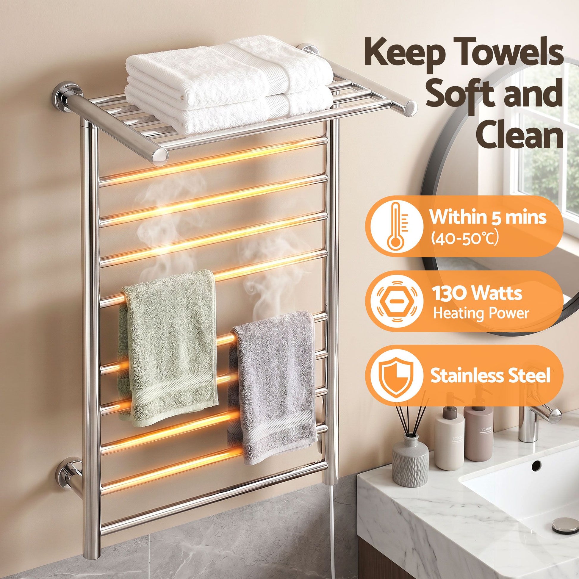 Devanti Electric Heated Towel Rail Rack 14 Bars Wall Mounted Clothes Dry Warmer