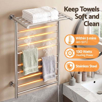 Devanti Electric Heated Towel Rail Rack 14 Bars Wall Mounted Clothes Dry Warmer