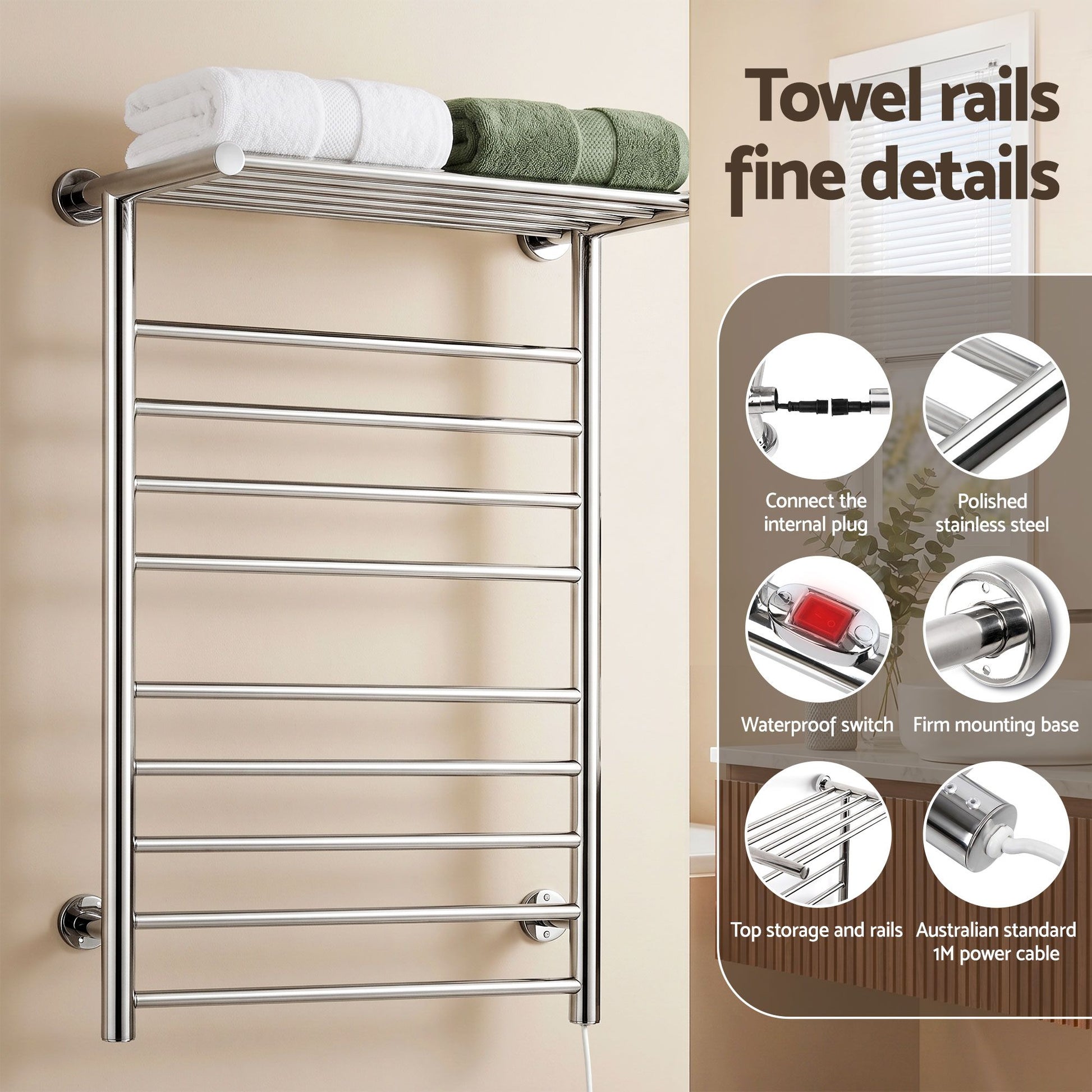 Devanti Electric Heated Towel Rail Rack 14 Bars Wall Mounted Clothes Dry Warmer