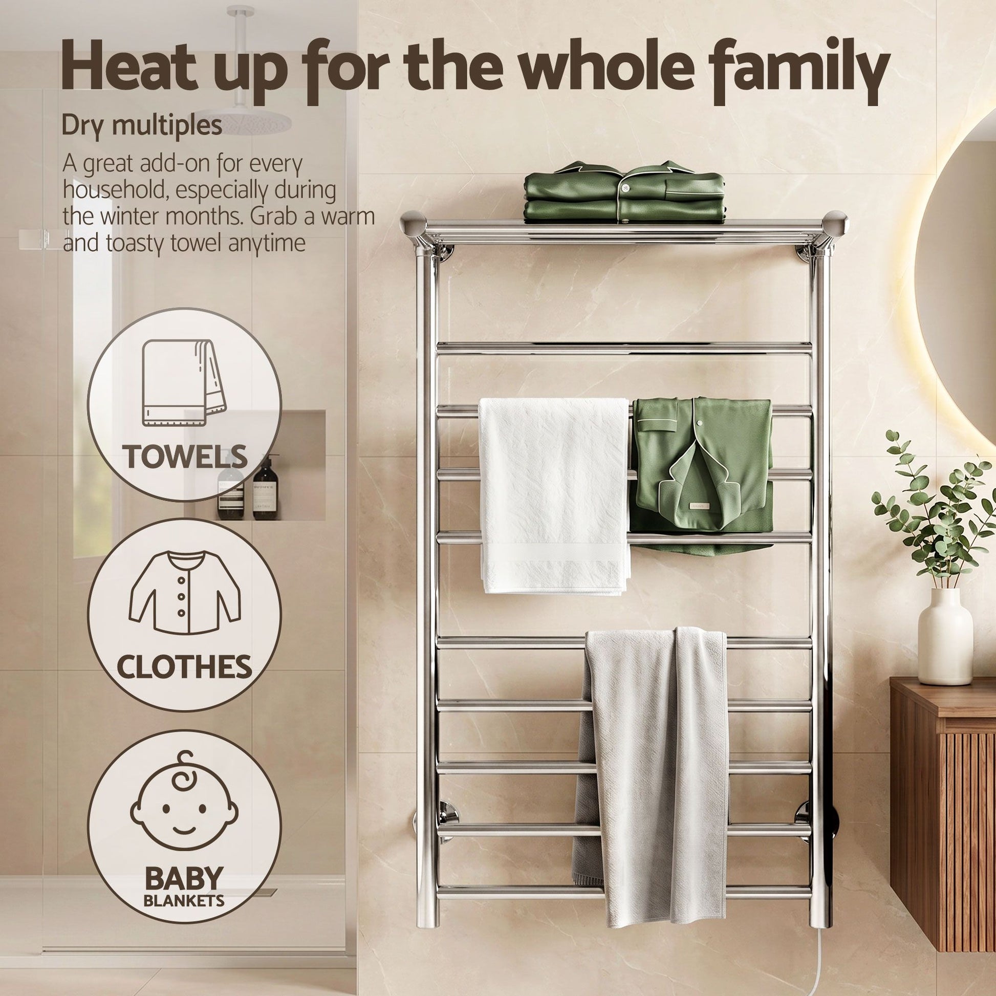 Devanti Electric Heated Towel Rail Rack 14 Bars Wall Mounted Clothes Dry Warmer
