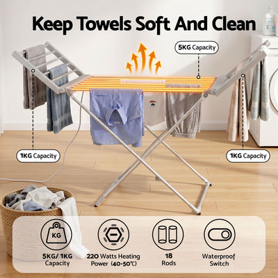 Devanti Electric Heated Towel Rail Rack 18 Bars Freestanding Clothes Dry Warmer
