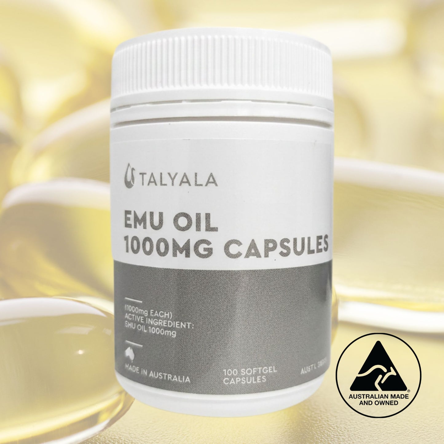 Talyala Emu Oil 1000 mg Capsules - 100 Softgel Capsules Jar Bulk