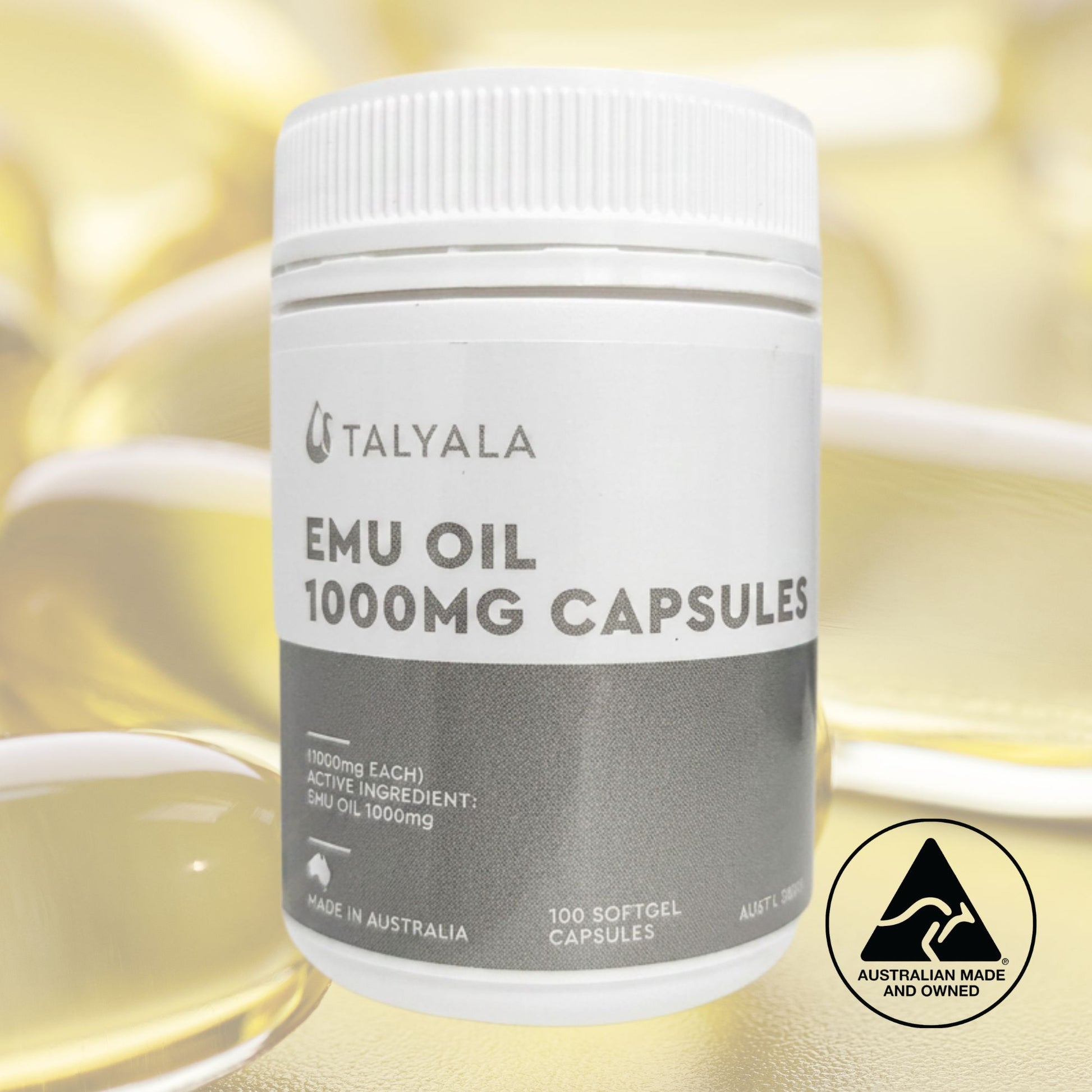 Talyala Emu Oil 1000 mg Capsules - 100 Softgel Capsules Jar Bulk