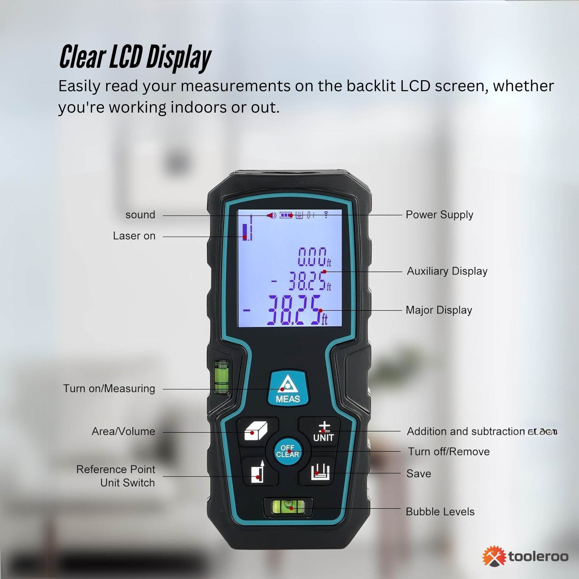 Tooleroo 70m Digital Laser Distance Measurer - LCD Area Volume Meter Tool
