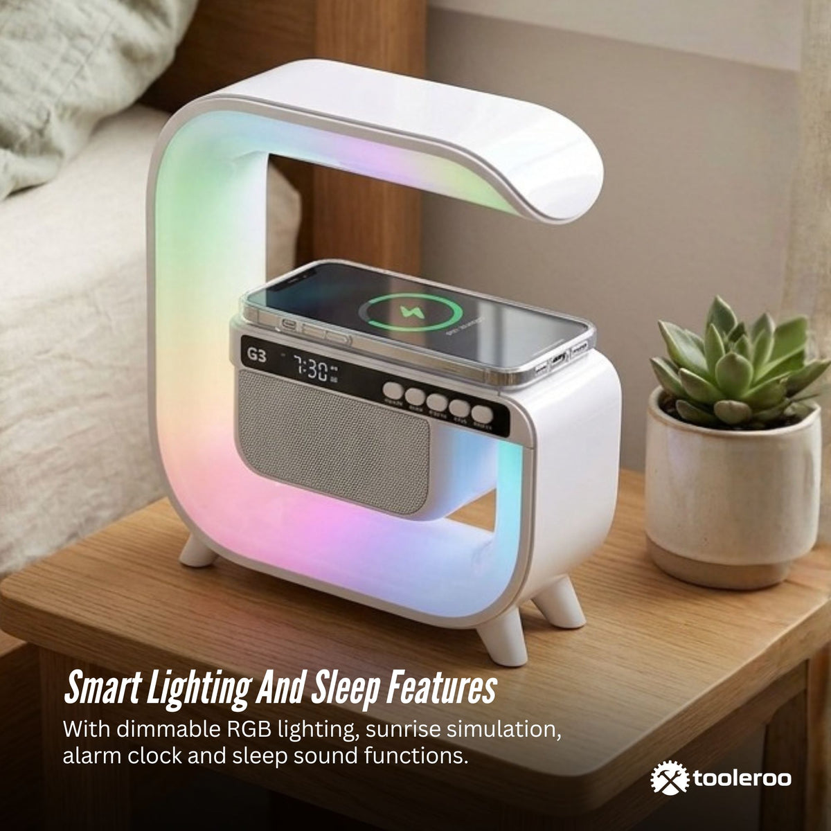 Tooleroo Bluetooth Speaker Wireless Charging Alarm Clock RGB LED Light