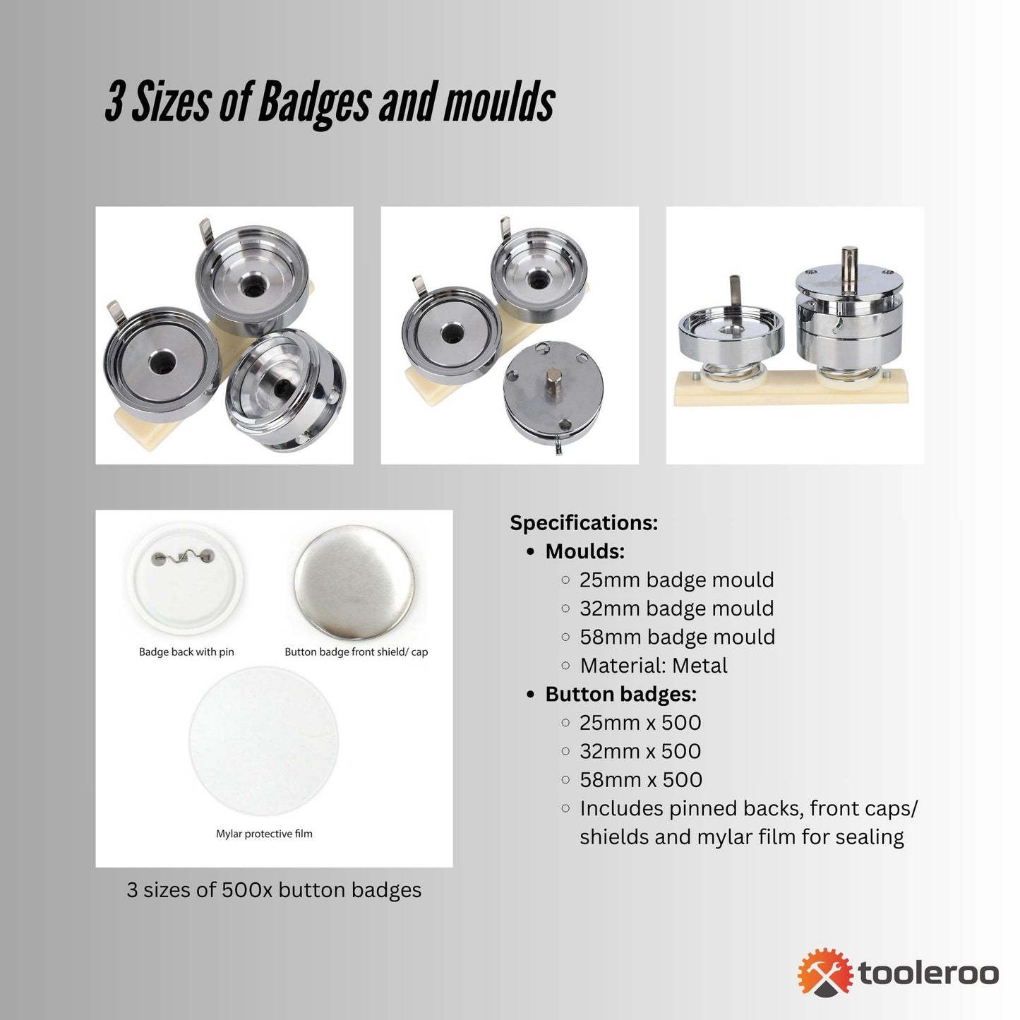 Tooleroo Button Badge Making Set - Maker + Moulds + Badges 25mm 32mm 58mm