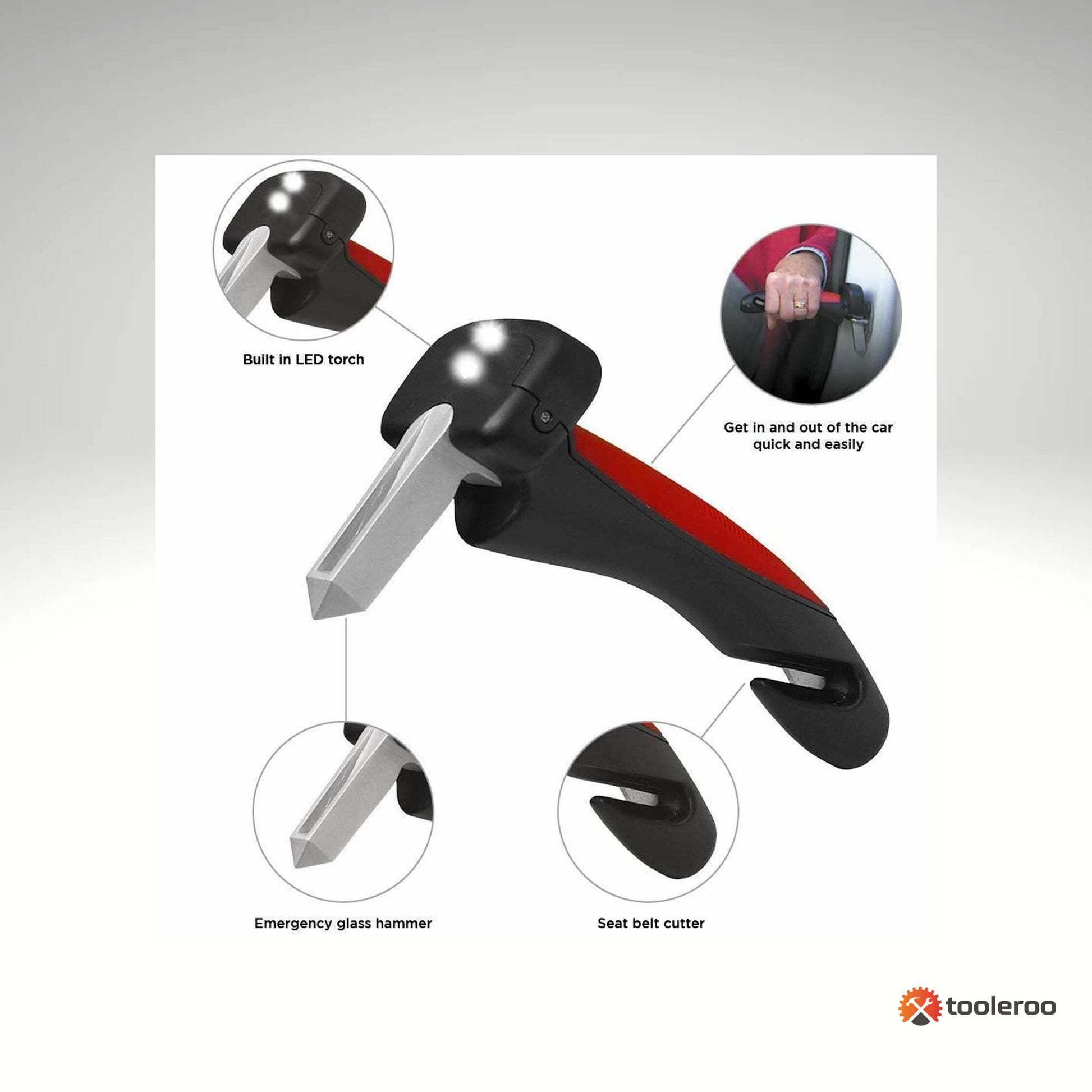 Tooleroo Car Cane Door Handle - Portable Elderly Stand Aid LED Light Hammer
