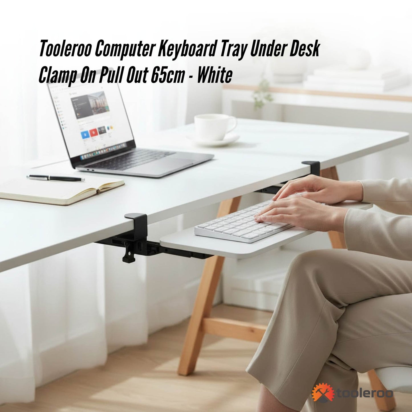 Tooleroo Computer Keyboard Tray Under Desk Clamp On Pull Out 65cm - White