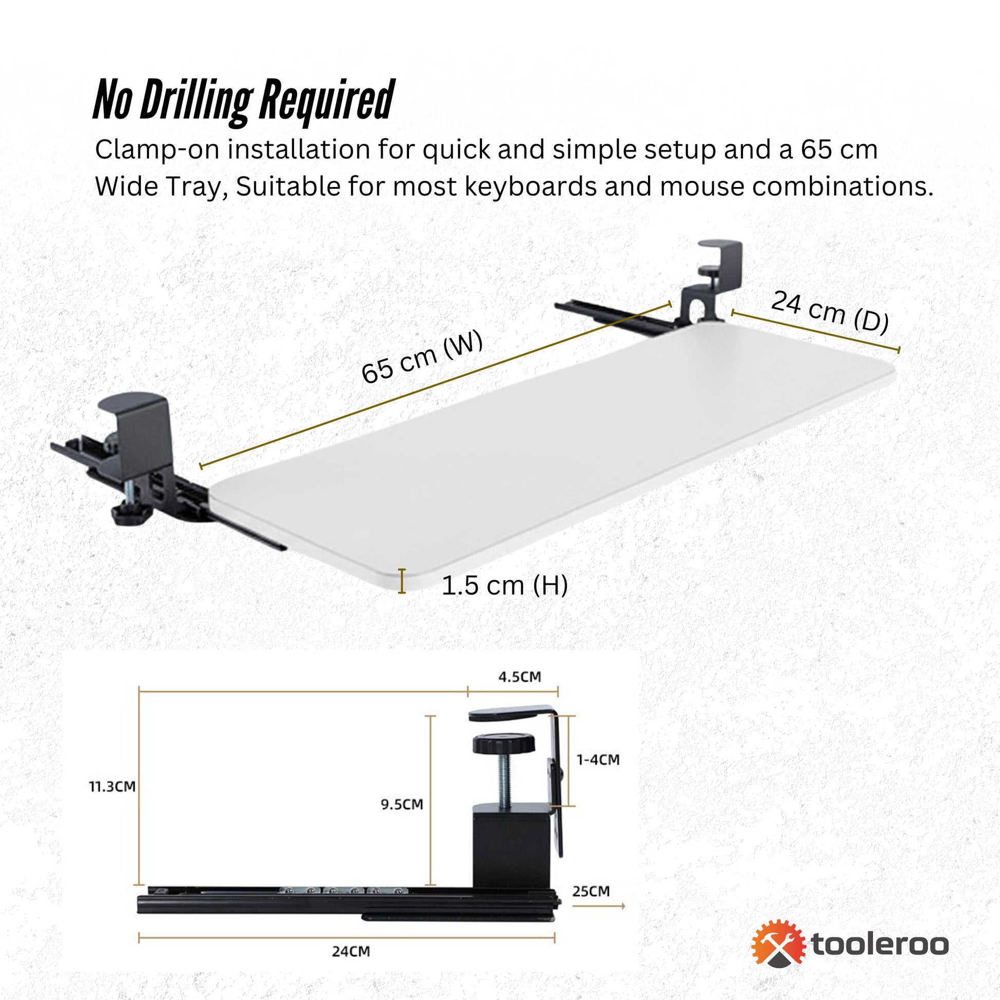 Tooleroo Computer Keyboard Tray Under Desk Clamp On Pull Out 65cm - White
