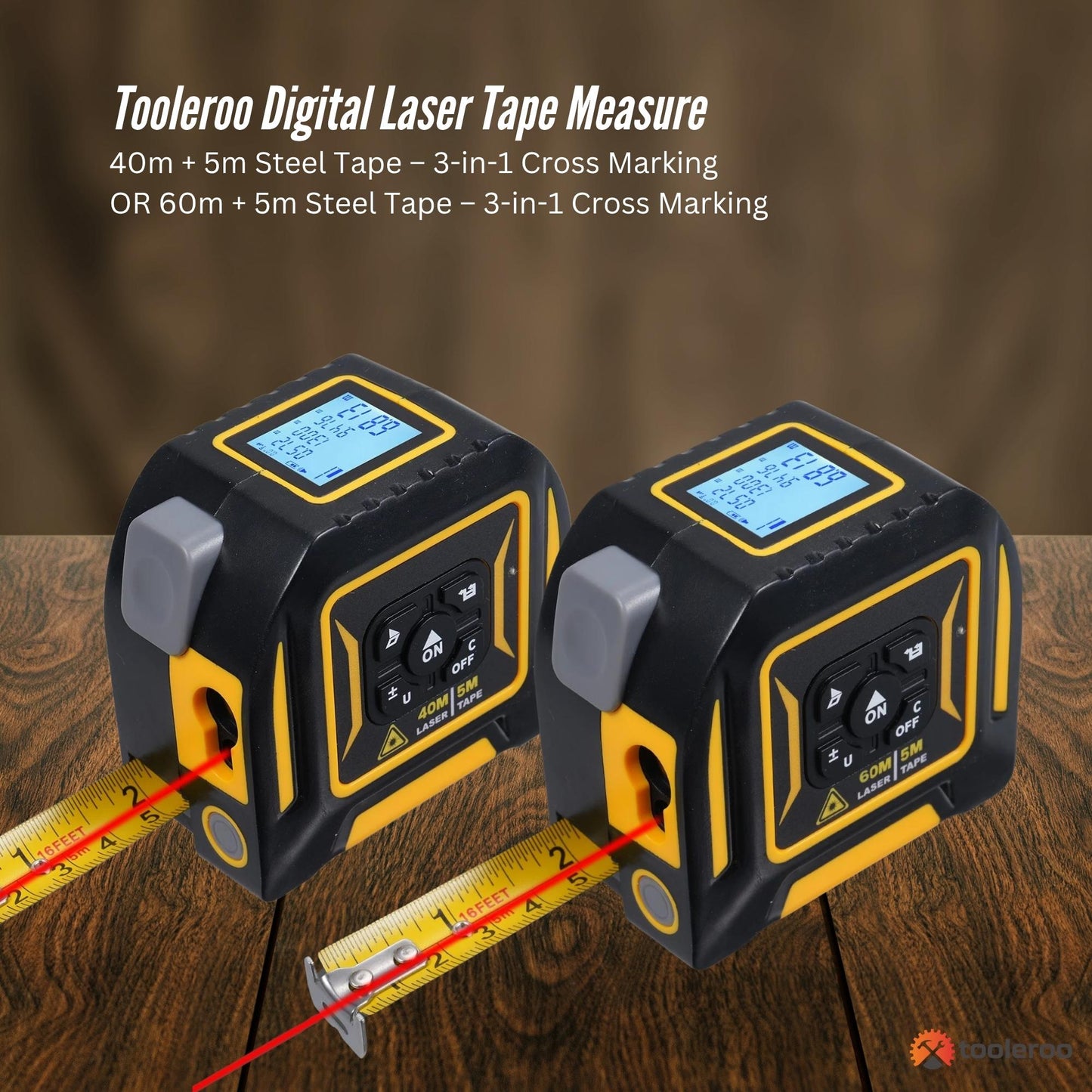 Tooleroo Digital Laser Tape Measure + 5m Steel Tape – 3-in-1 Cross Marking