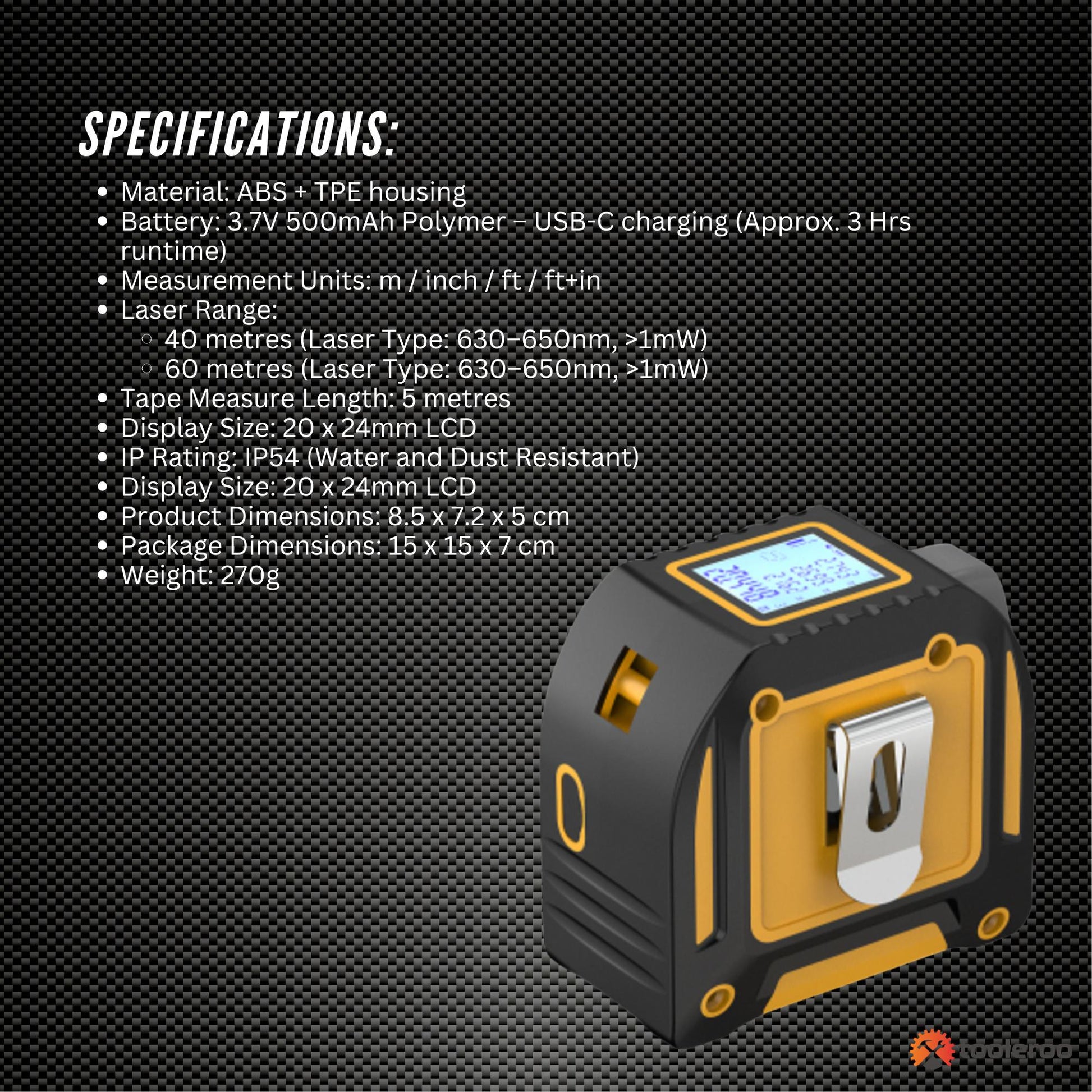 Tooleroo Digital Laser Tape Measure + 5m Steel Tape – 3-in-1 Cross Marking