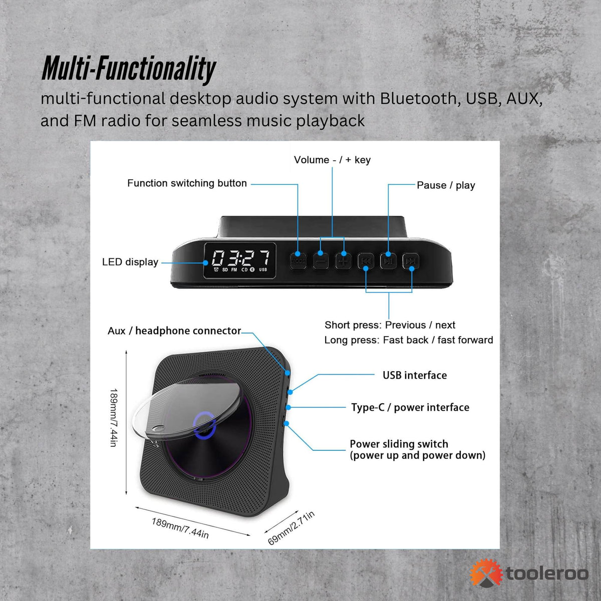 Tooleroo Portable CD Player Bluetooth FM Radio USB Rechargeable Black