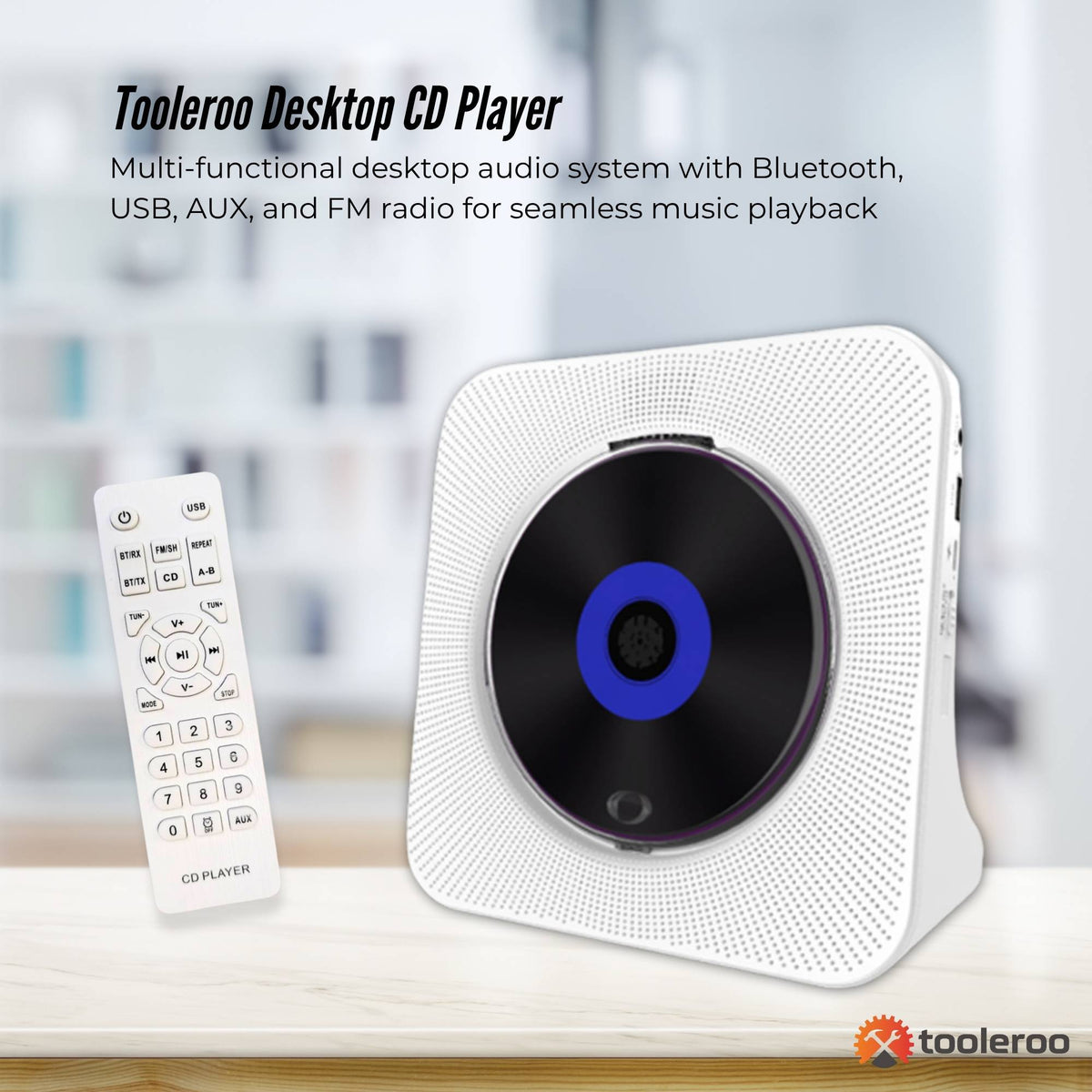 Tooleroo Portable CD Player Bluetooth FM Radio USB Rechargeable White