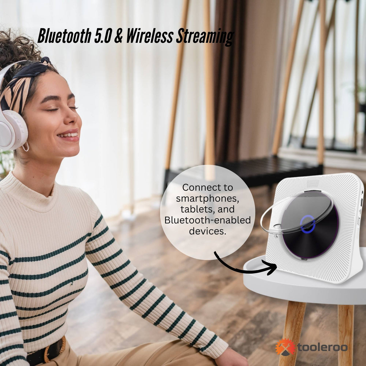 Tooleroo Portable CD Player Bluetooth FM Radio USB Rechargeable White