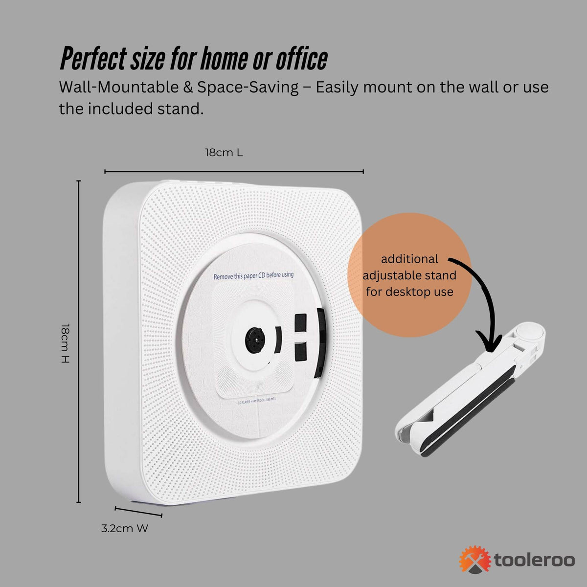 Tooleroo Wall Mount CD Player Bluetooth FM Radio USB AUX Speaker - White